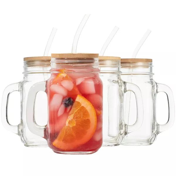 16 oz Glass Mason Jar Tumblers with Bamboo Lids and Straws, Set of 4