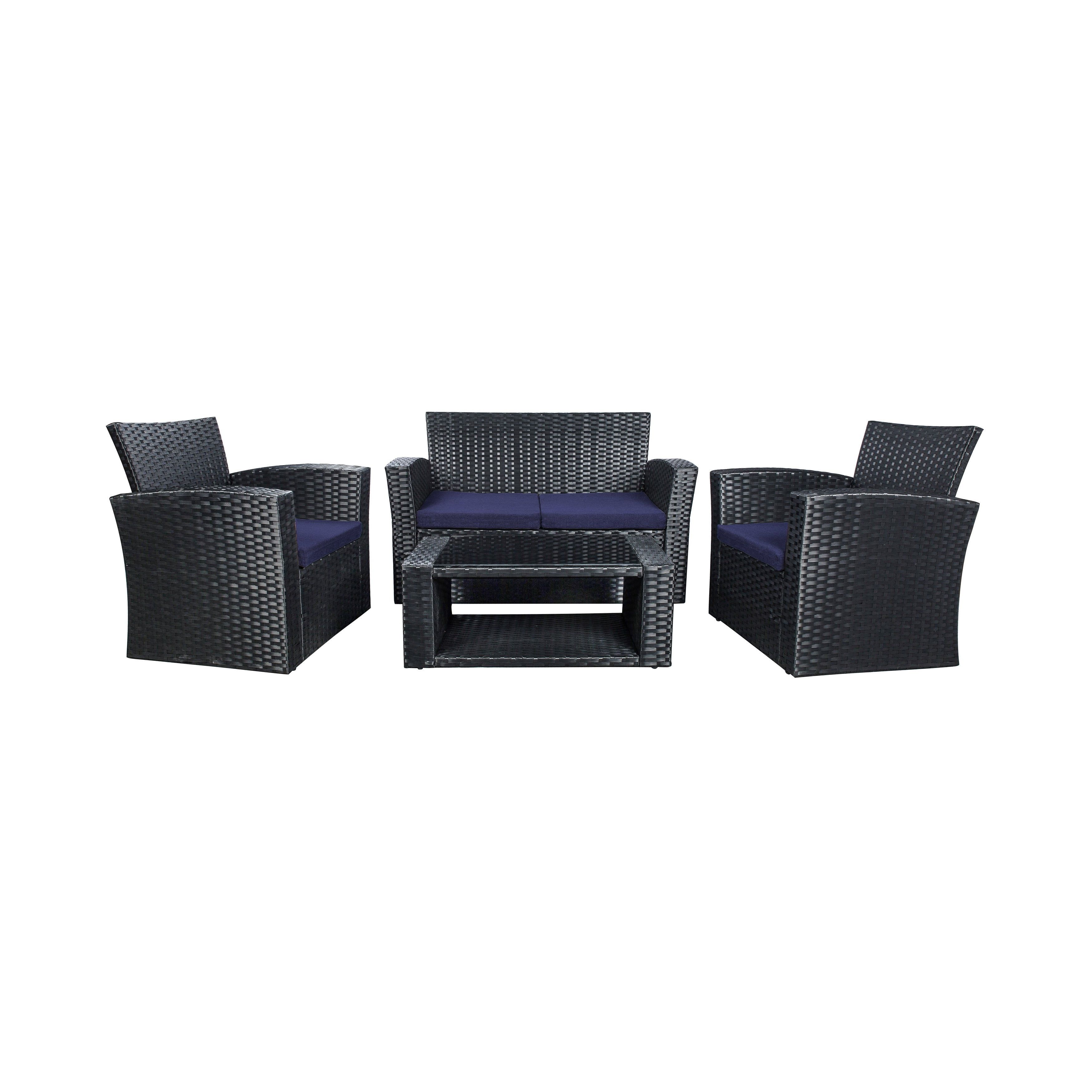 4-Piece Black Wicker Outdoor Patio Sofa Set with Navy Cushions