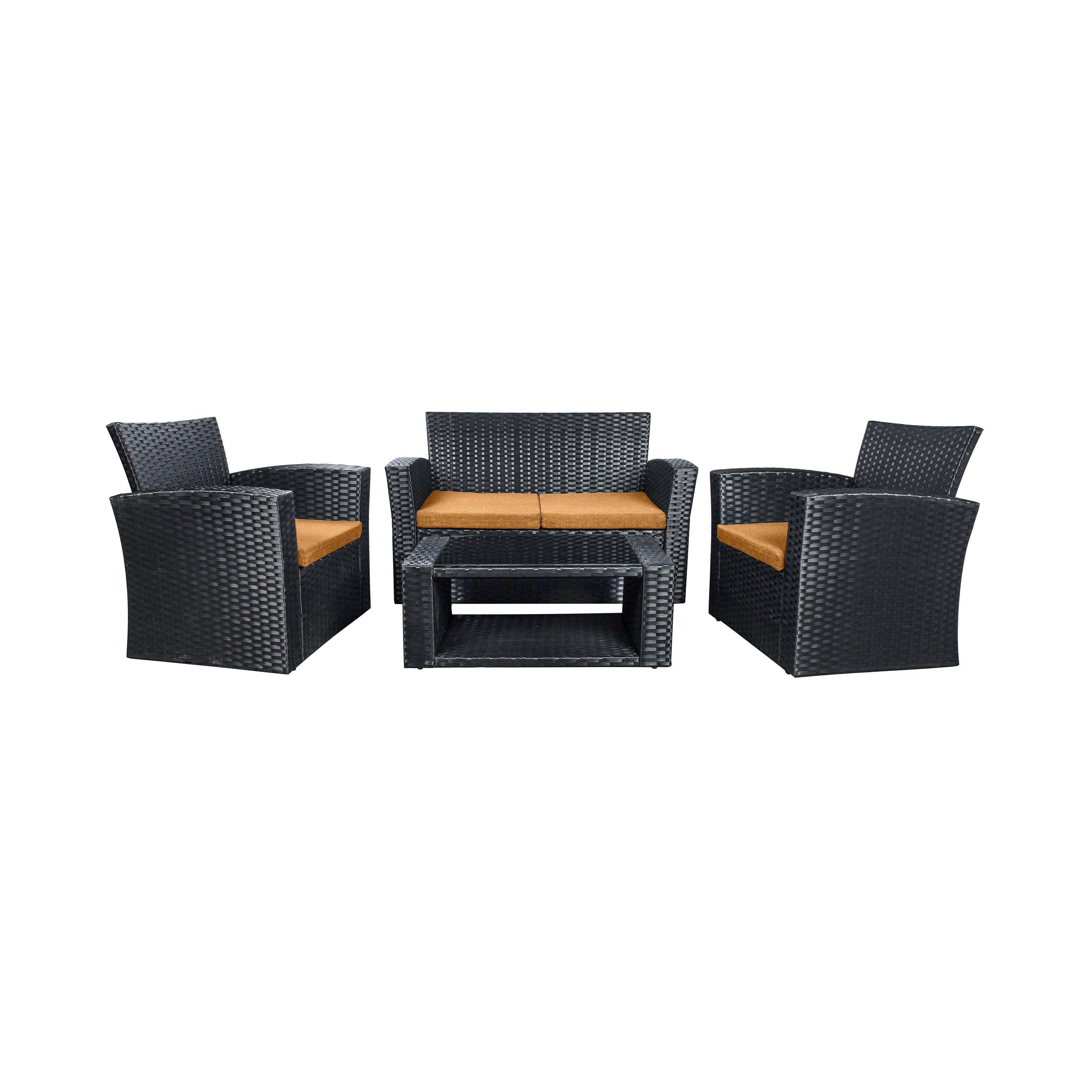 4-Piece Black Wicker Outdoor Sofa Set with Orange Cushions