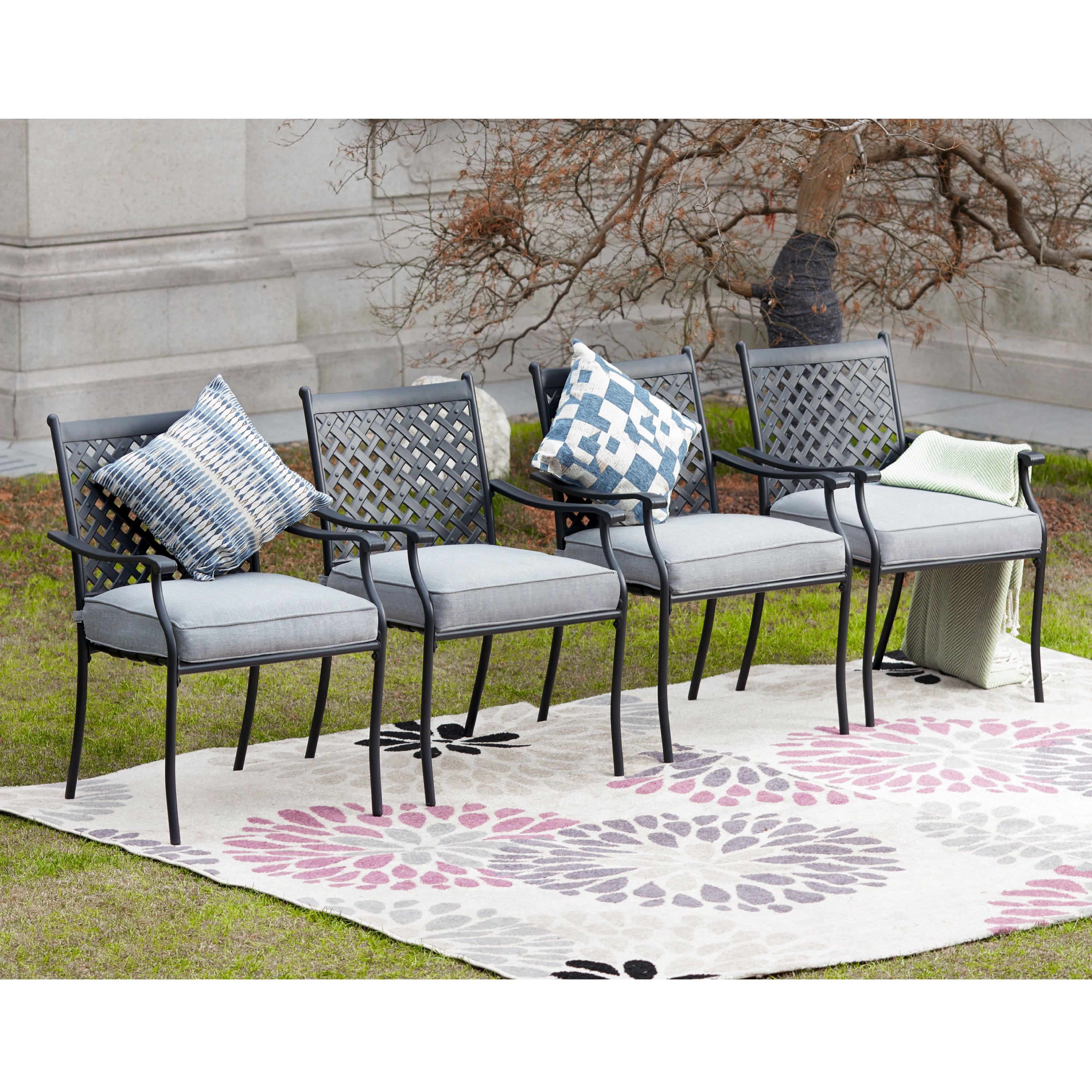 4-Piece Black Iron Outdoor Dining Chair Set with Gray Cushions