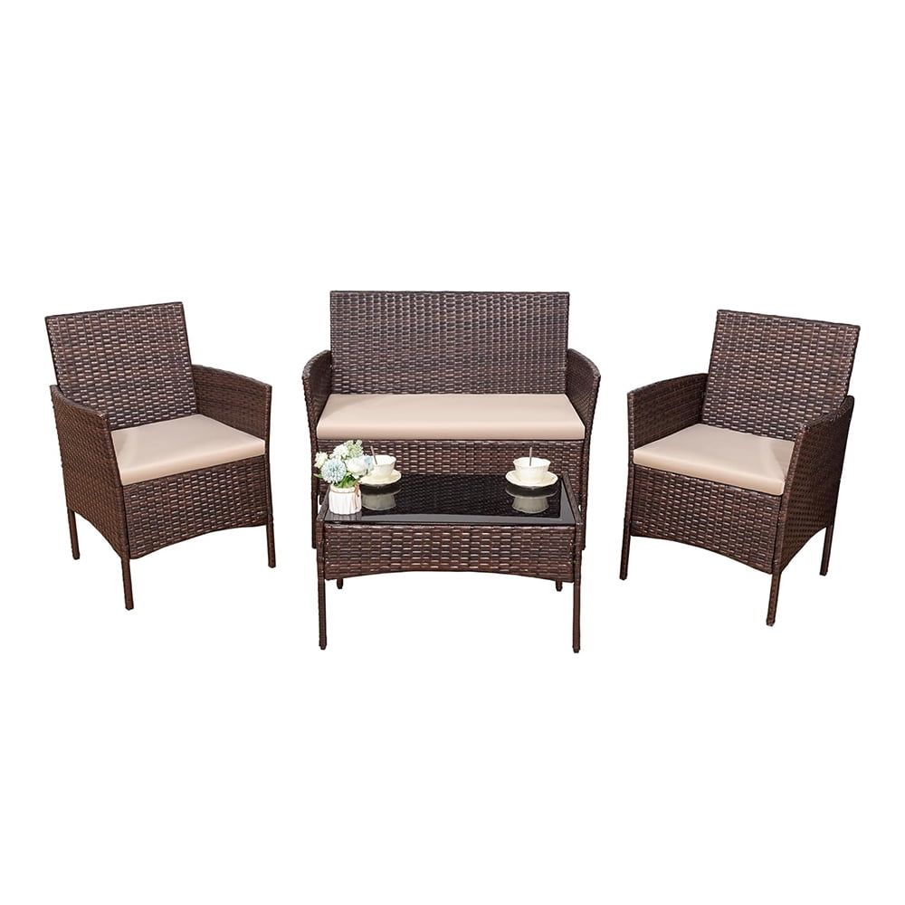 4-Piece Brown PE Rattan Wicker Patio Furniture Set with Beige Cushions