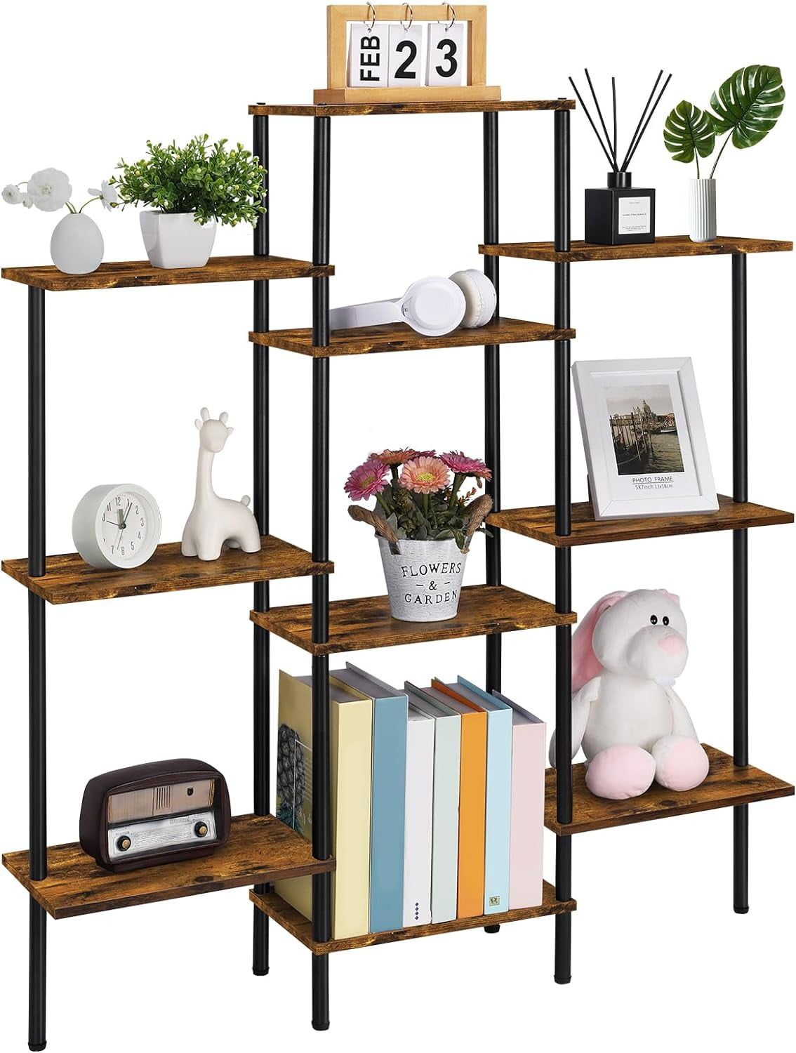 Rustic Brown 4-Tier Adjustable Cube Bookshelf with Metal Frame