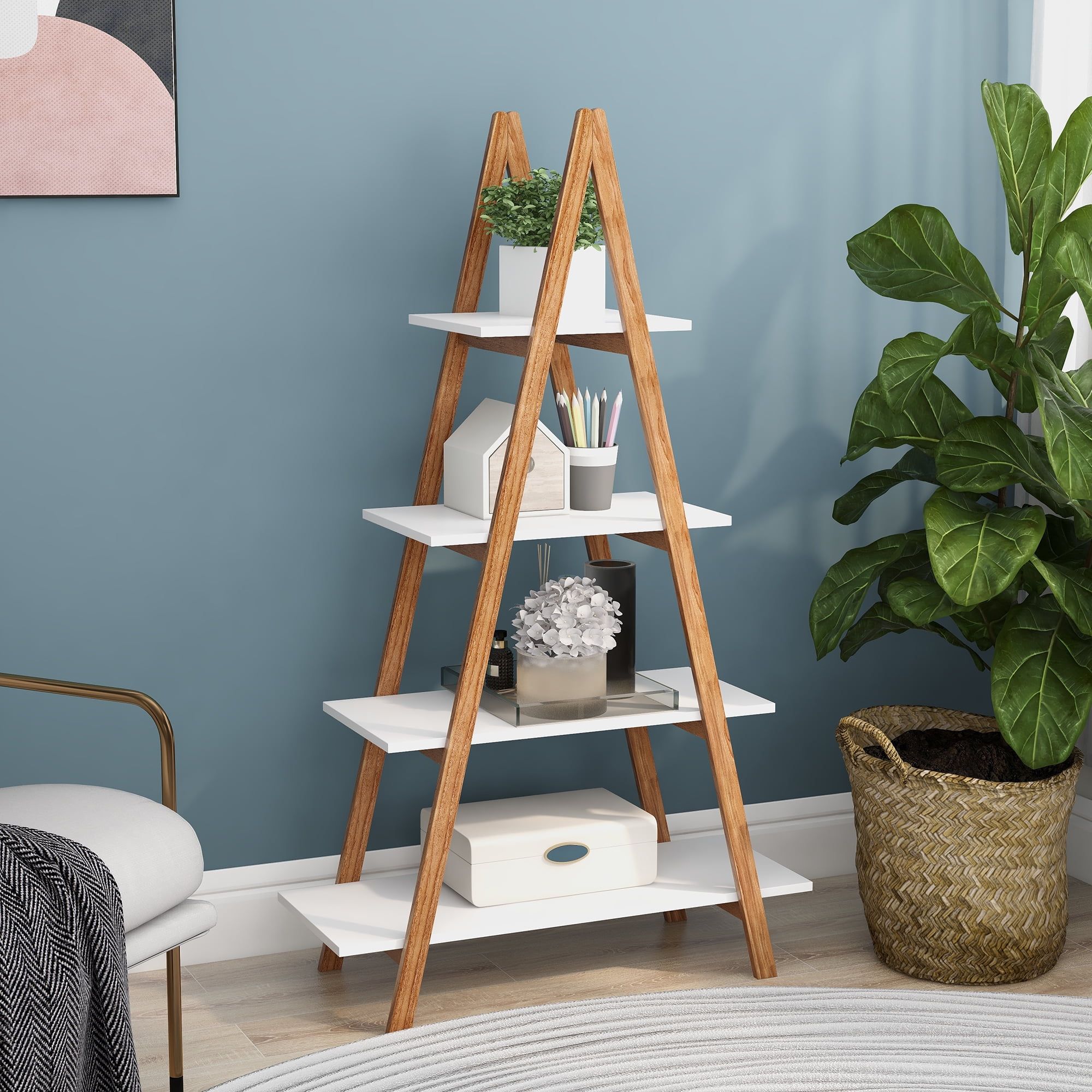 White and Natural Bamboo 4-Tier A-Frame Ladder Bookshelf