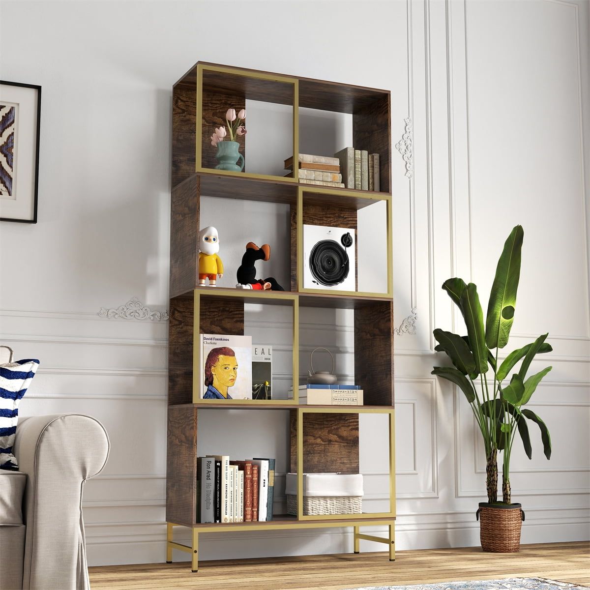 Brown and Gold Asymmetrical 4-Tier Wood Bookshelf