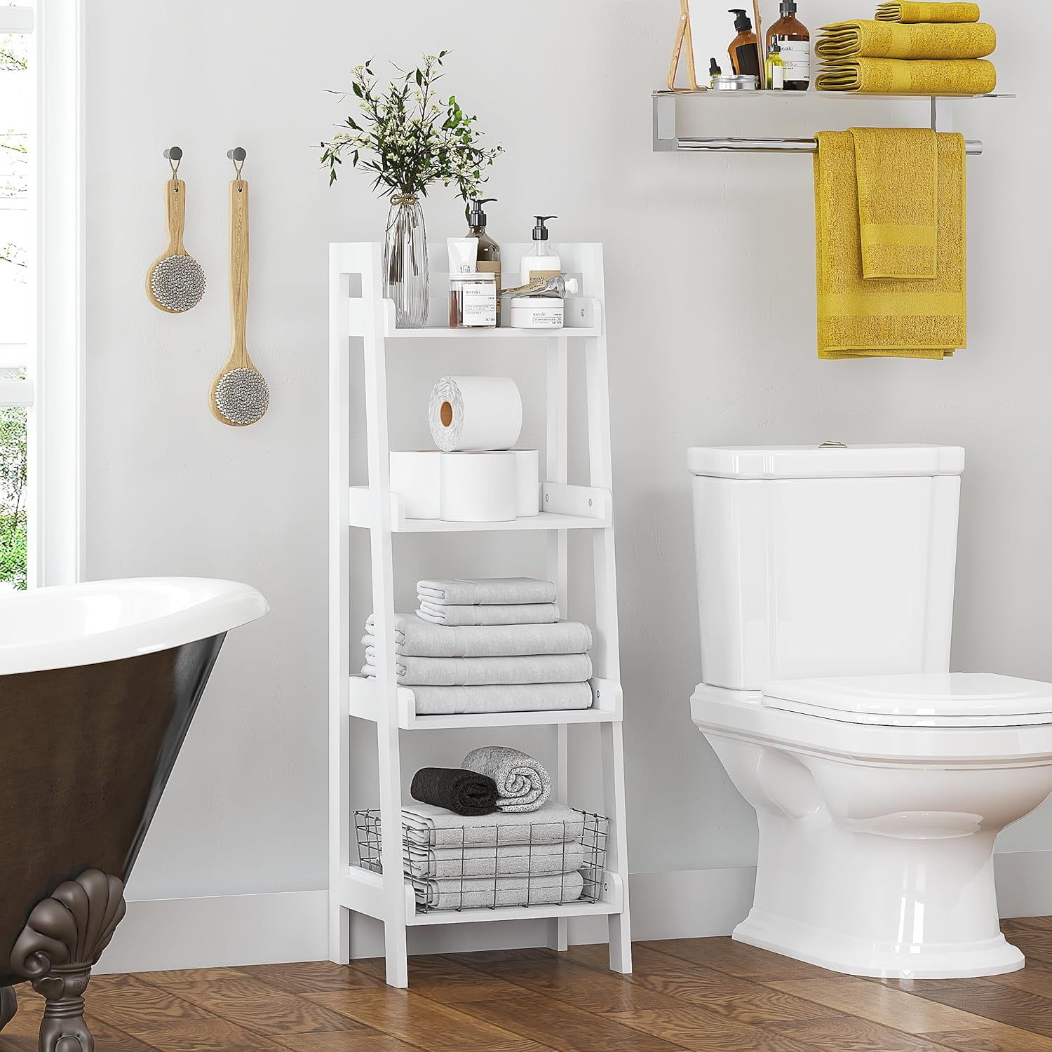 White 4-Tier Wood Over-the-Toilet Ladder Shelf