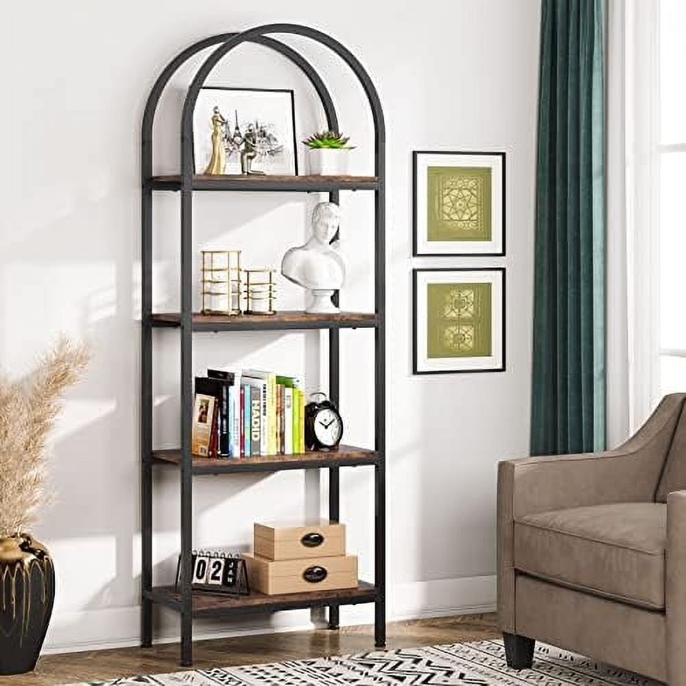 Tribesigns 4-Tier Rustic Brown Wood and Metal Arched Bookshelf