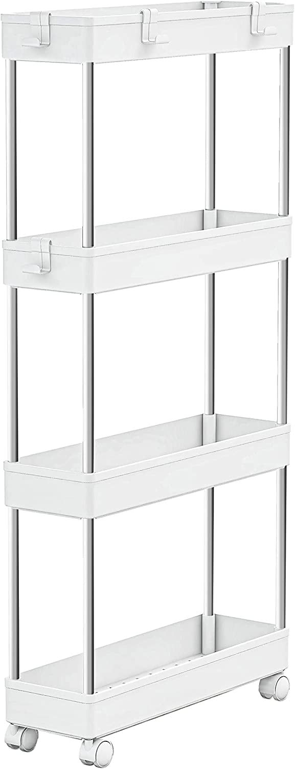 White Plastic and Stainless Steel 4-Tier Slim Storage Cart