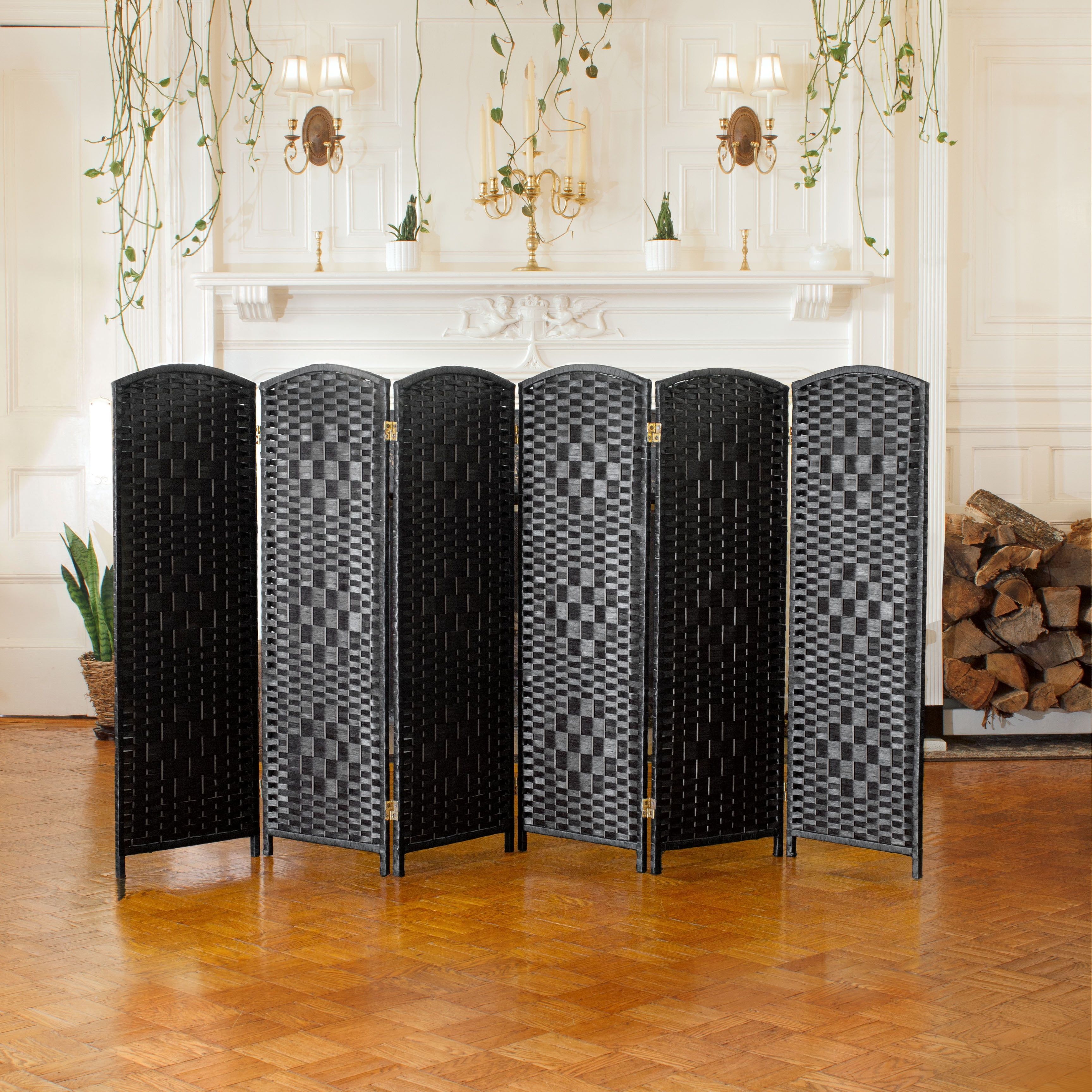 4 ft Tall Black Woven Plant Fiber Folding Screen with 6 Panels