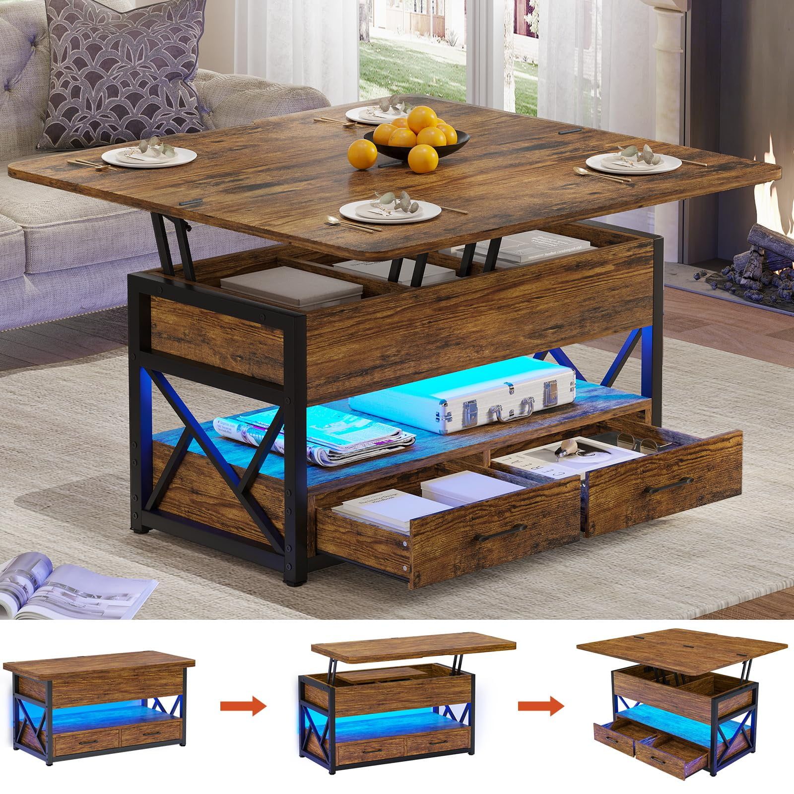 Rustic Brown Lift-Top Coffee Table with Storage and LED Light