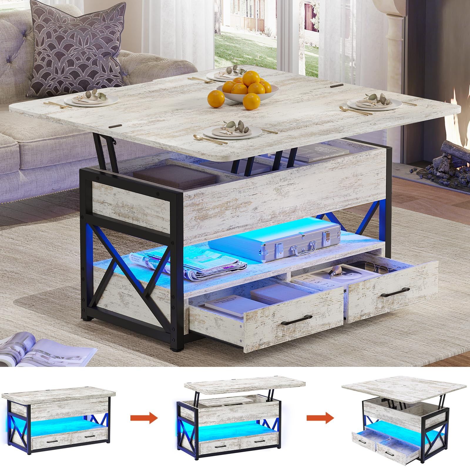 Rustic White Rectangular Lift-Top Coffee Table with Storage and LED Light