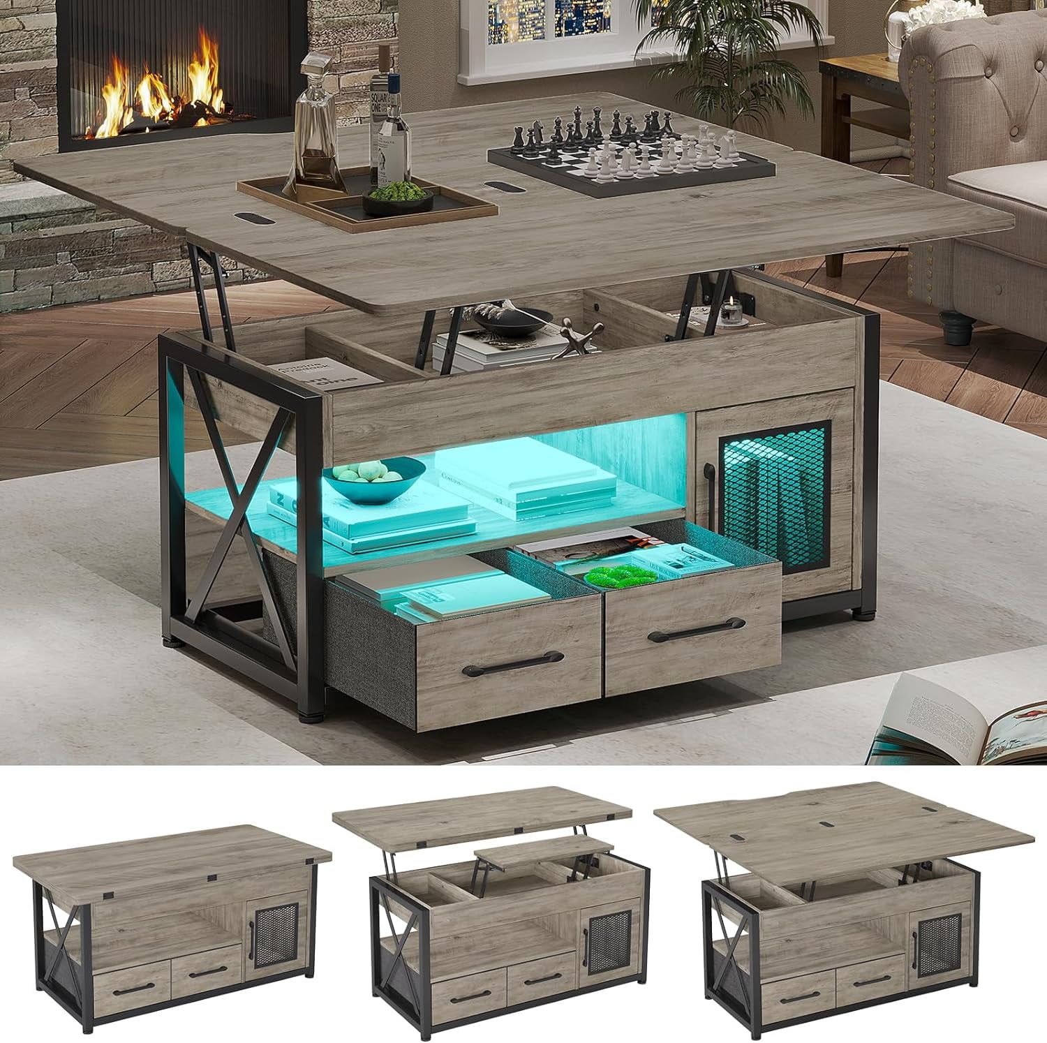 Gray Rectangular Lift-Top Wood Coffee Table with Storage and LED Light