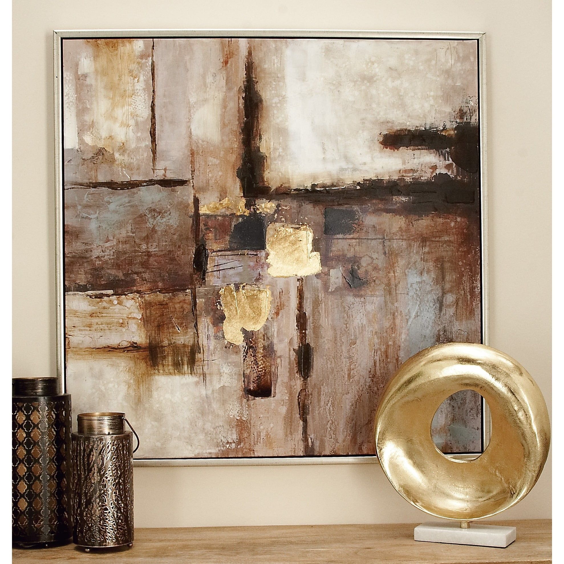 Oversized Brown and Tan Abstract Canvas Wall Art with Silver Frame