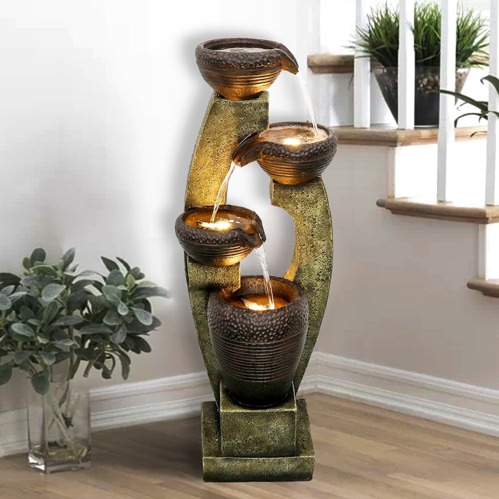 40-Inch Brown and Gray Resin Indoor Water Fountain with LED Lights