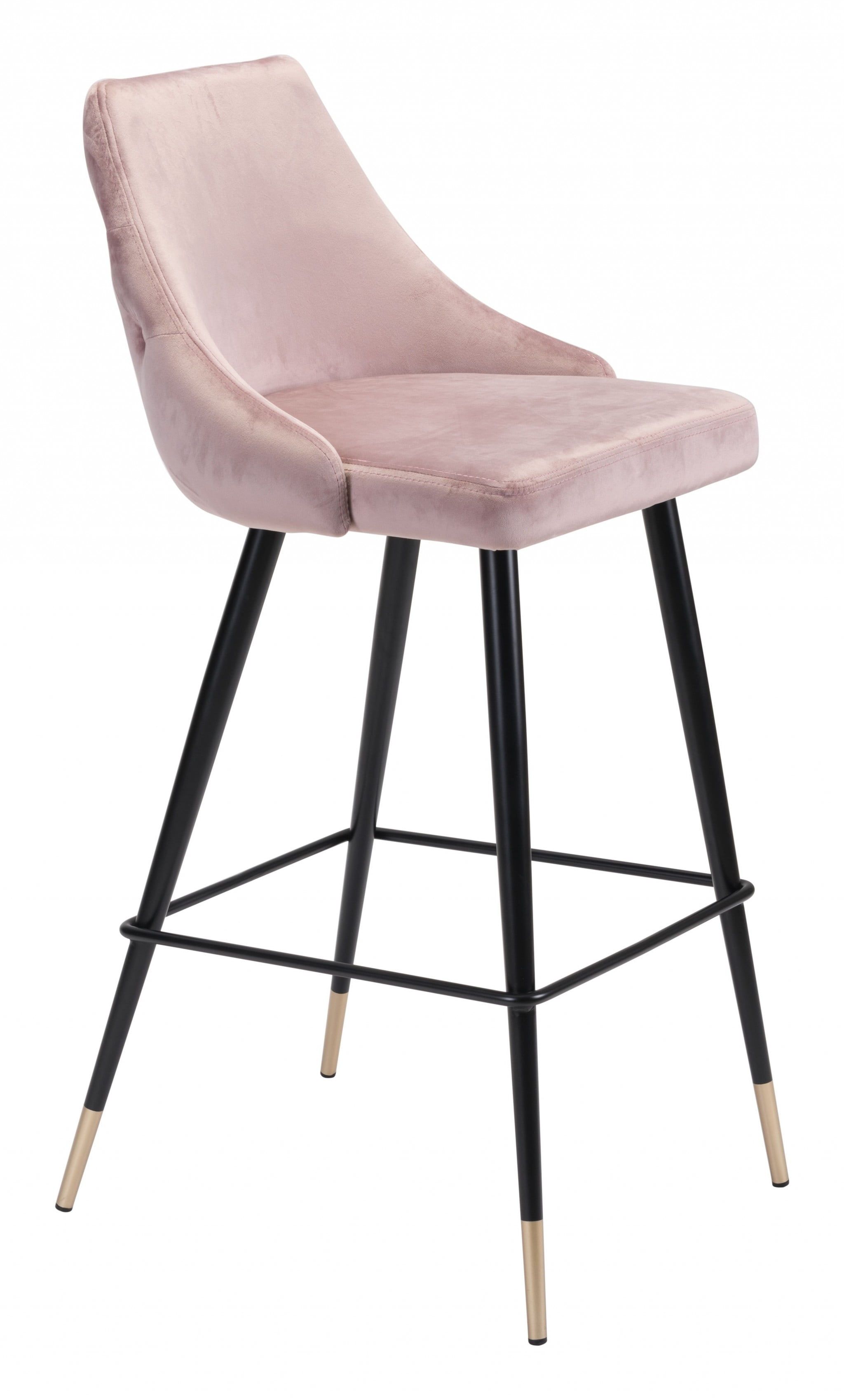 Sleek Pink Velvet & Black Metal Contemporary Bar Stool with Footrest