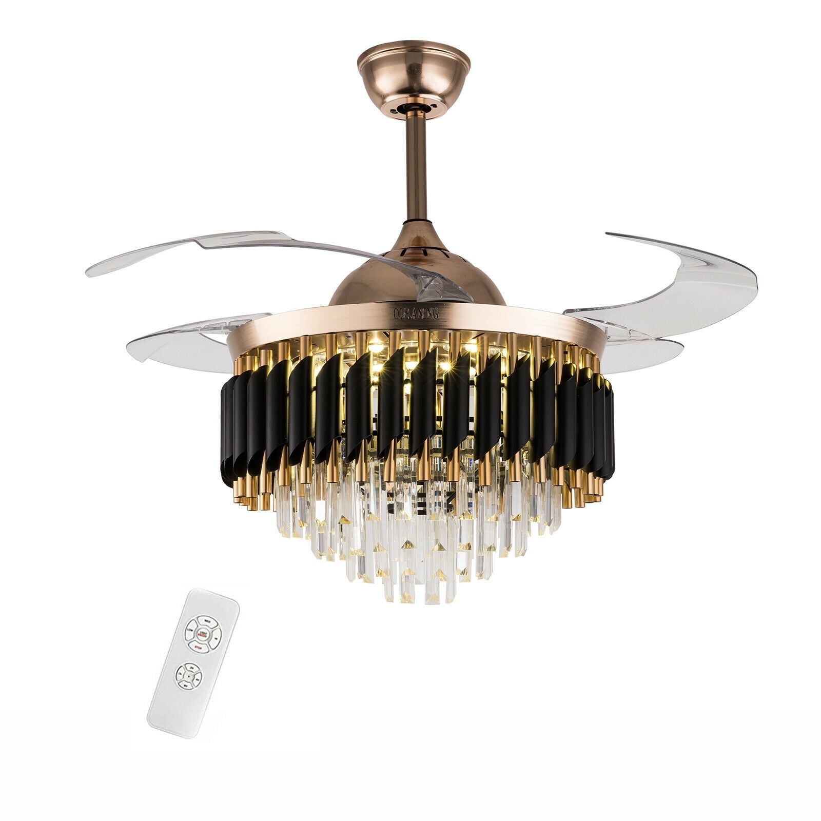 42" Gold Crystal Retractable Bladeless LED Chandelier Fan