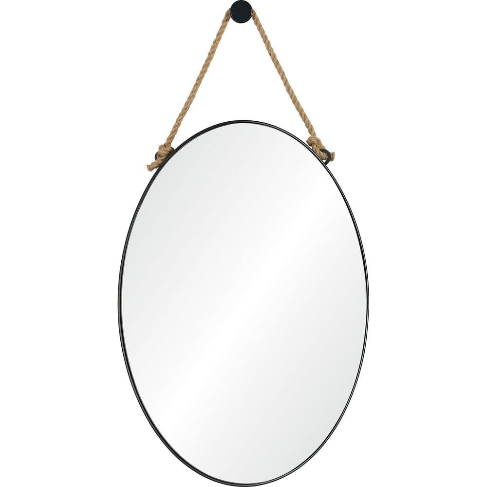 Black Oval Iron Wall Mirror with Hemp Rope