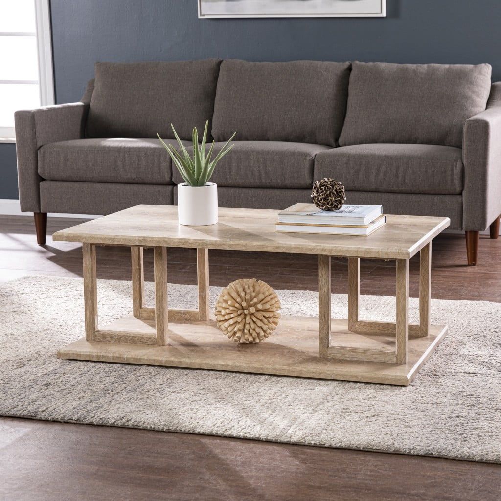 42" Natural Light Brown Wood Rectangular Coffee Table with Storage