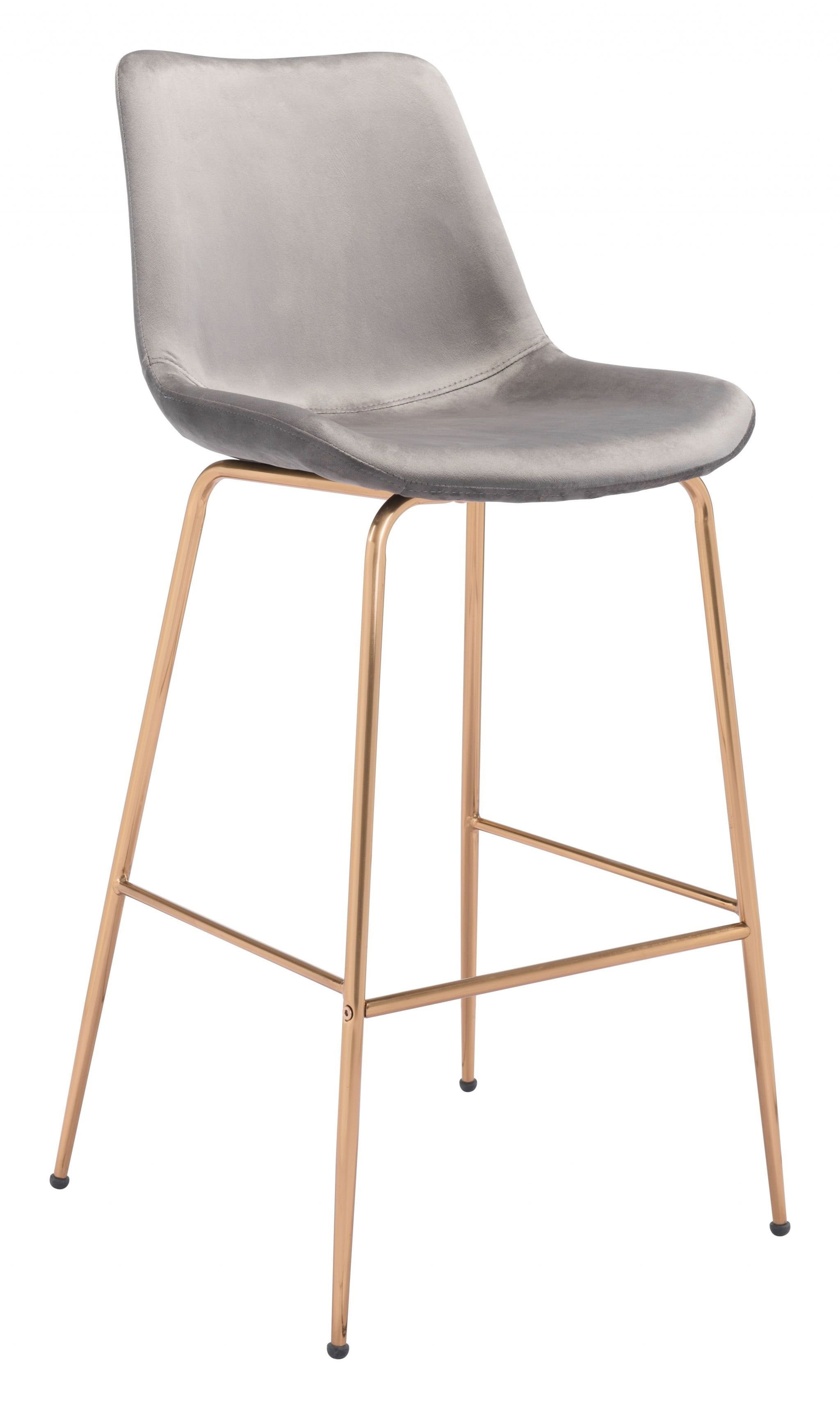 Contemporary Maximalist Velvet Bar Stool in Gray & Gold