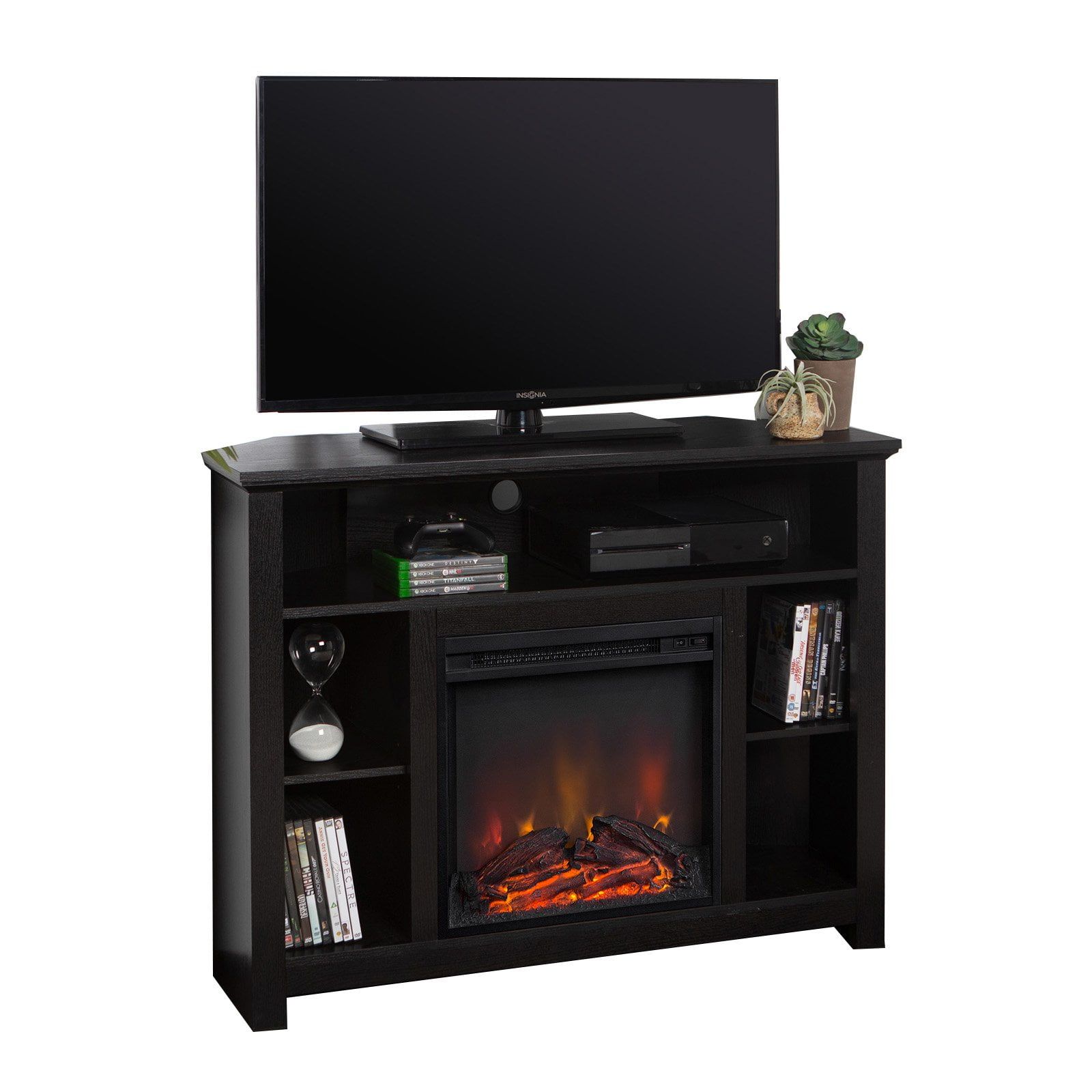 Black Corner Fireplace TV Stand with Shelves