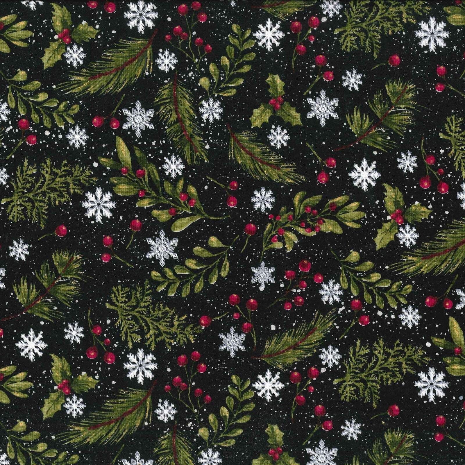 44 x 36 Black Glitter Cotton Fabric with Holly Berries and Snowflakes