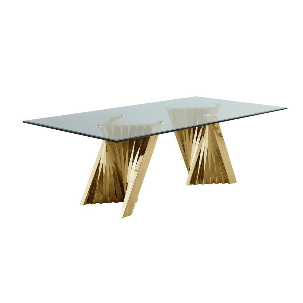 94" Clear Glass Dining Table with Gold Stainless Steel Base