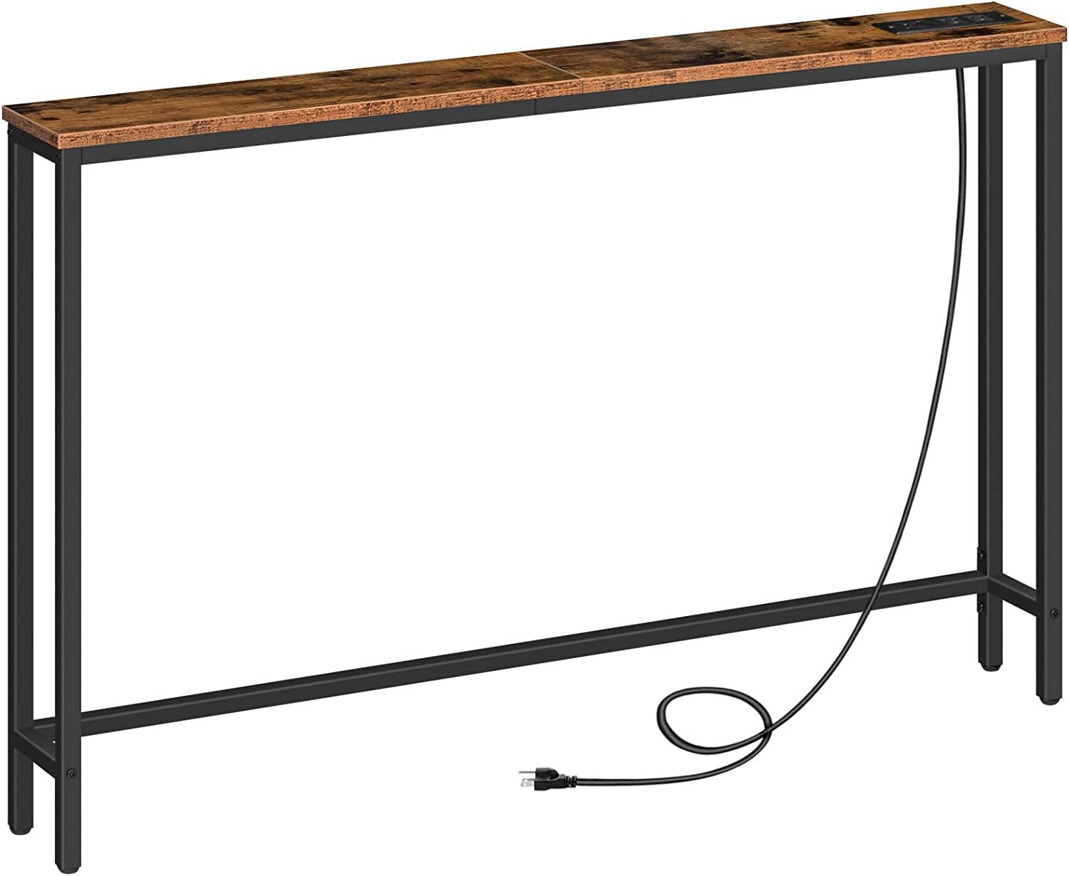 47.2'' Rustic Brown Metal Console Table with Storage and Charging Station