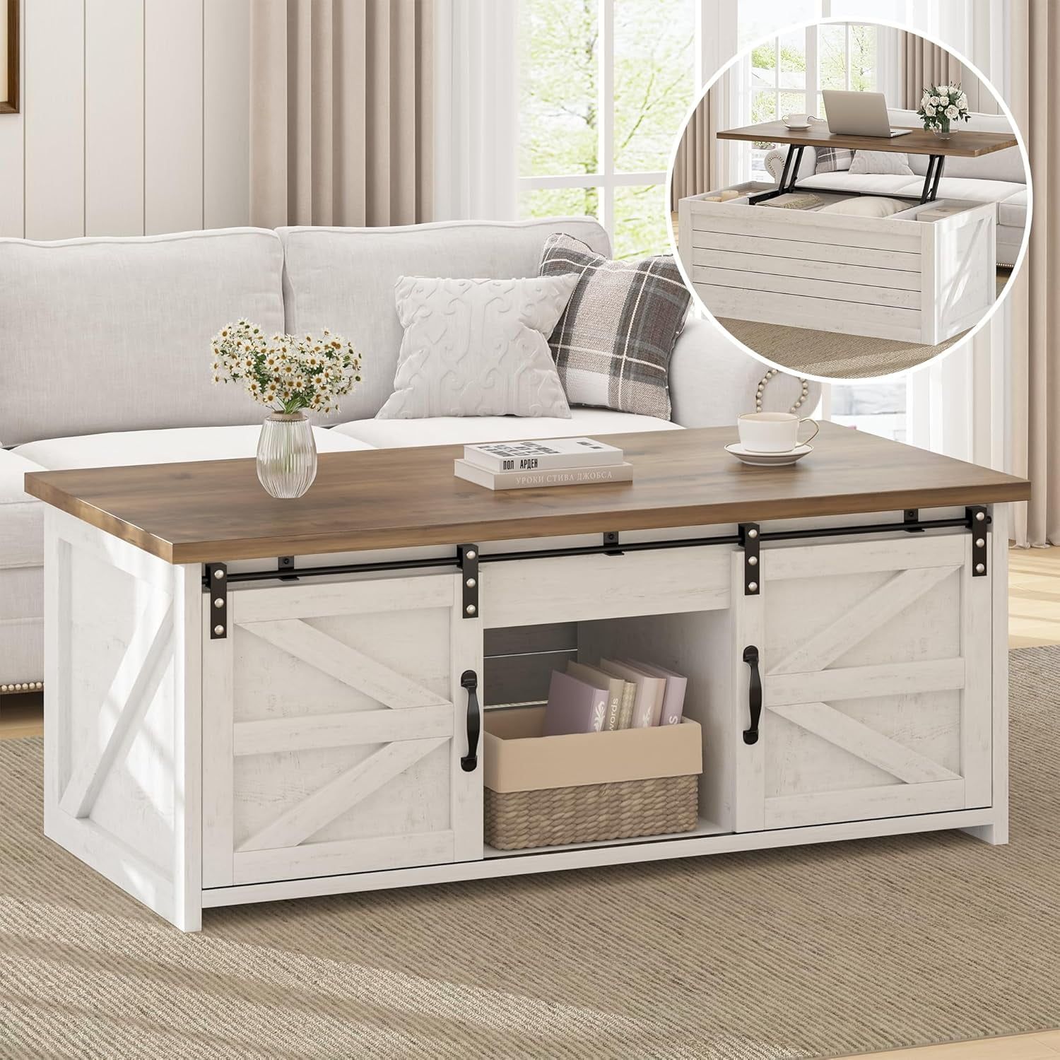 White Farmhouse Lift-Top Coffee Table with Sliding Barn Doors