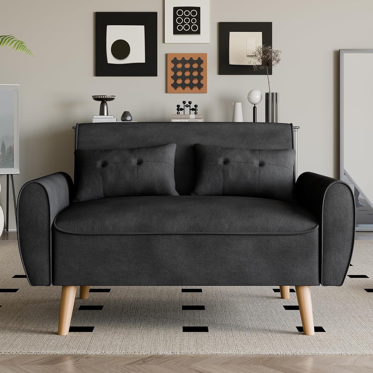 47" Black Tufted Linen Loveseat with Wood Legs