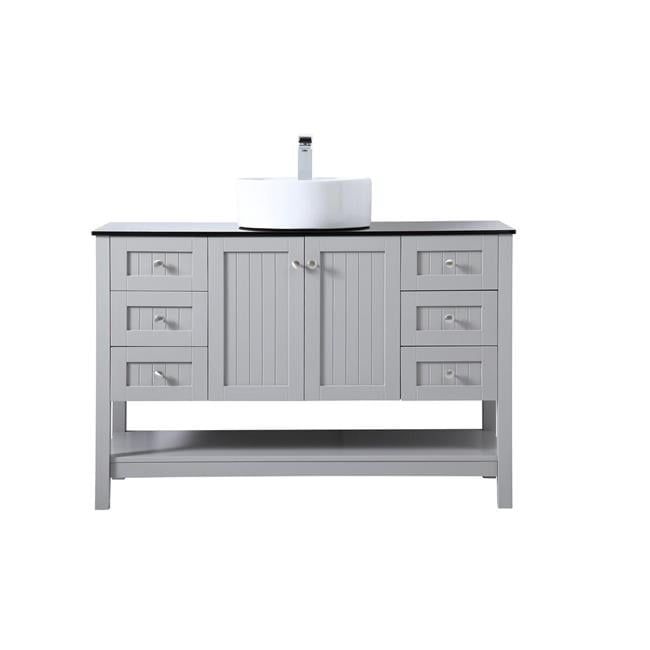 Gray 48" Freestanding Bathroom Vanity with Black Tempered Glass Countertop