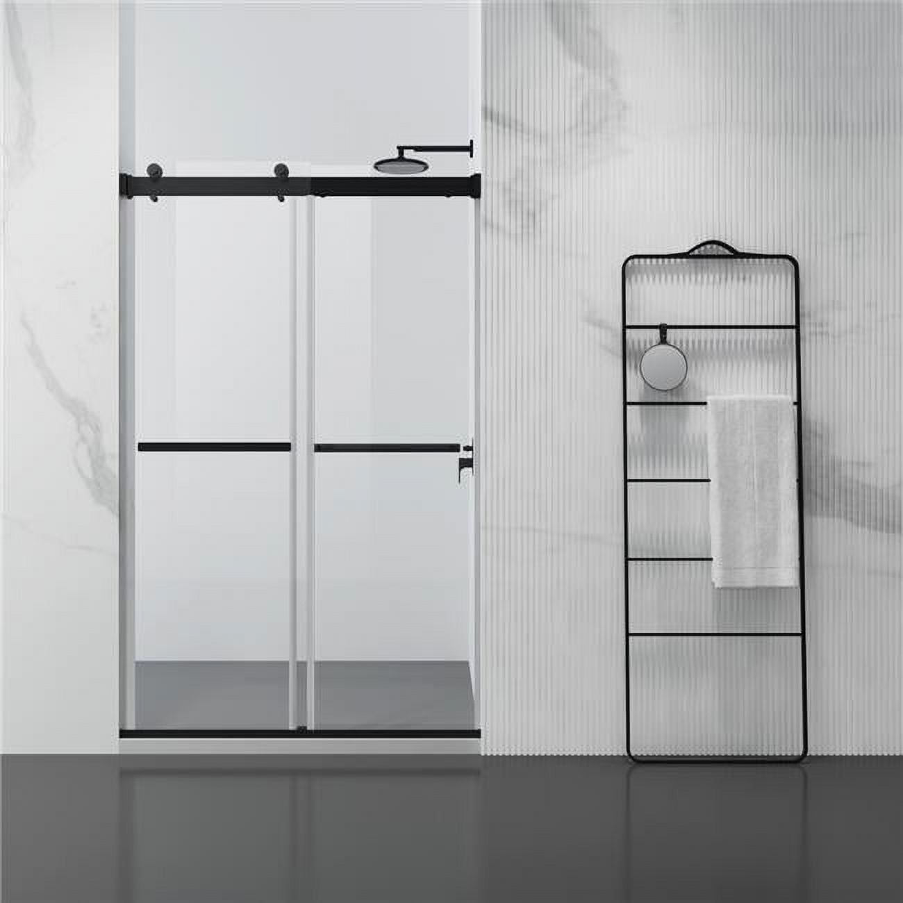 48 x 76 Matte Black Frameless Sliding Shower Door with Clear Glass