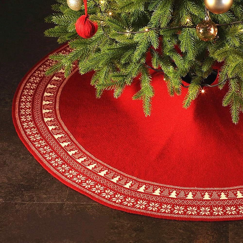 48'' Red Knitted Wool Christmas Tree Skirt with Snowflakes