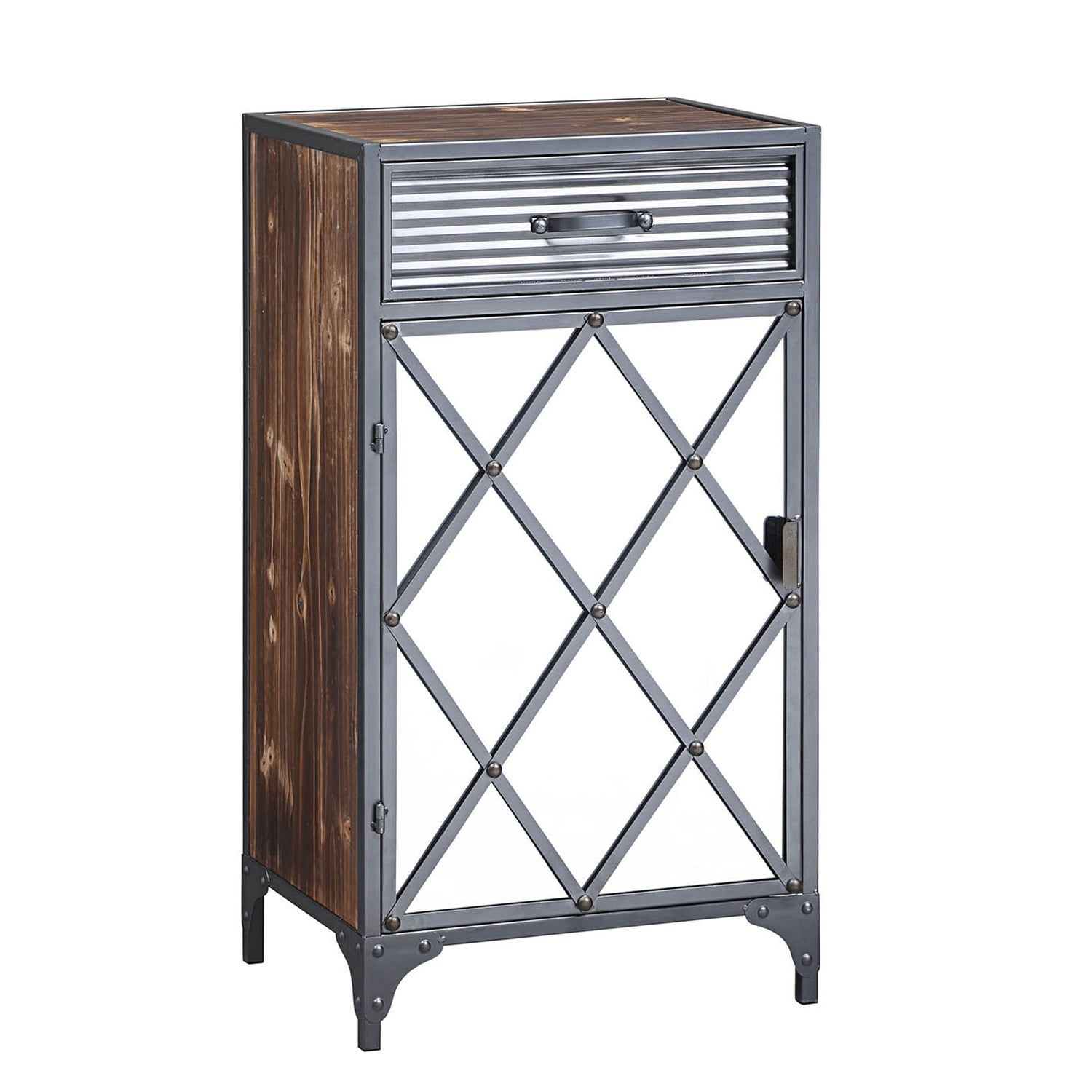 Trent Gray Mirrored Cabinet with Rustic Wood Accents