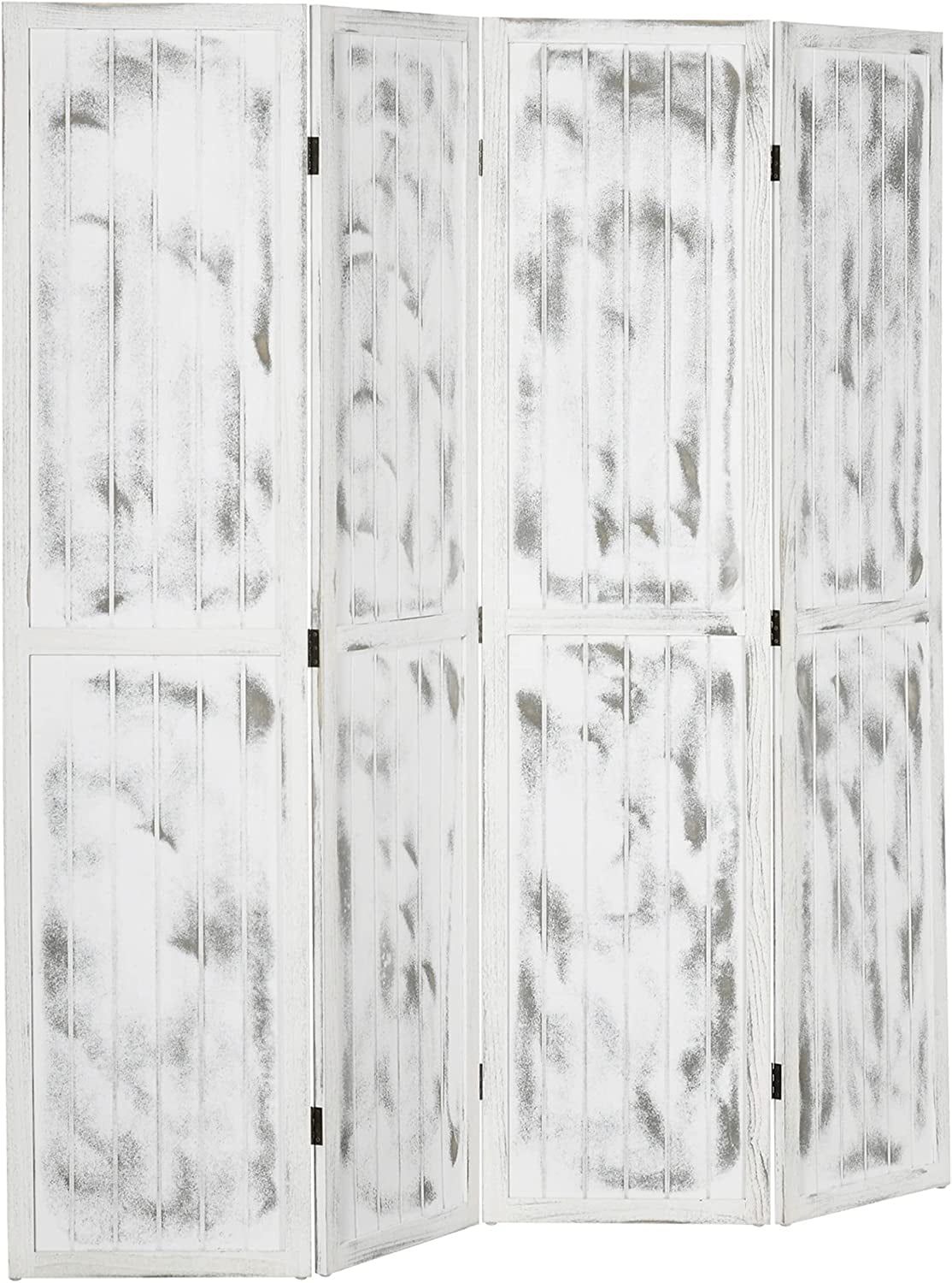 Rustic White 4-Panel Woodgrain Folding Room Divider