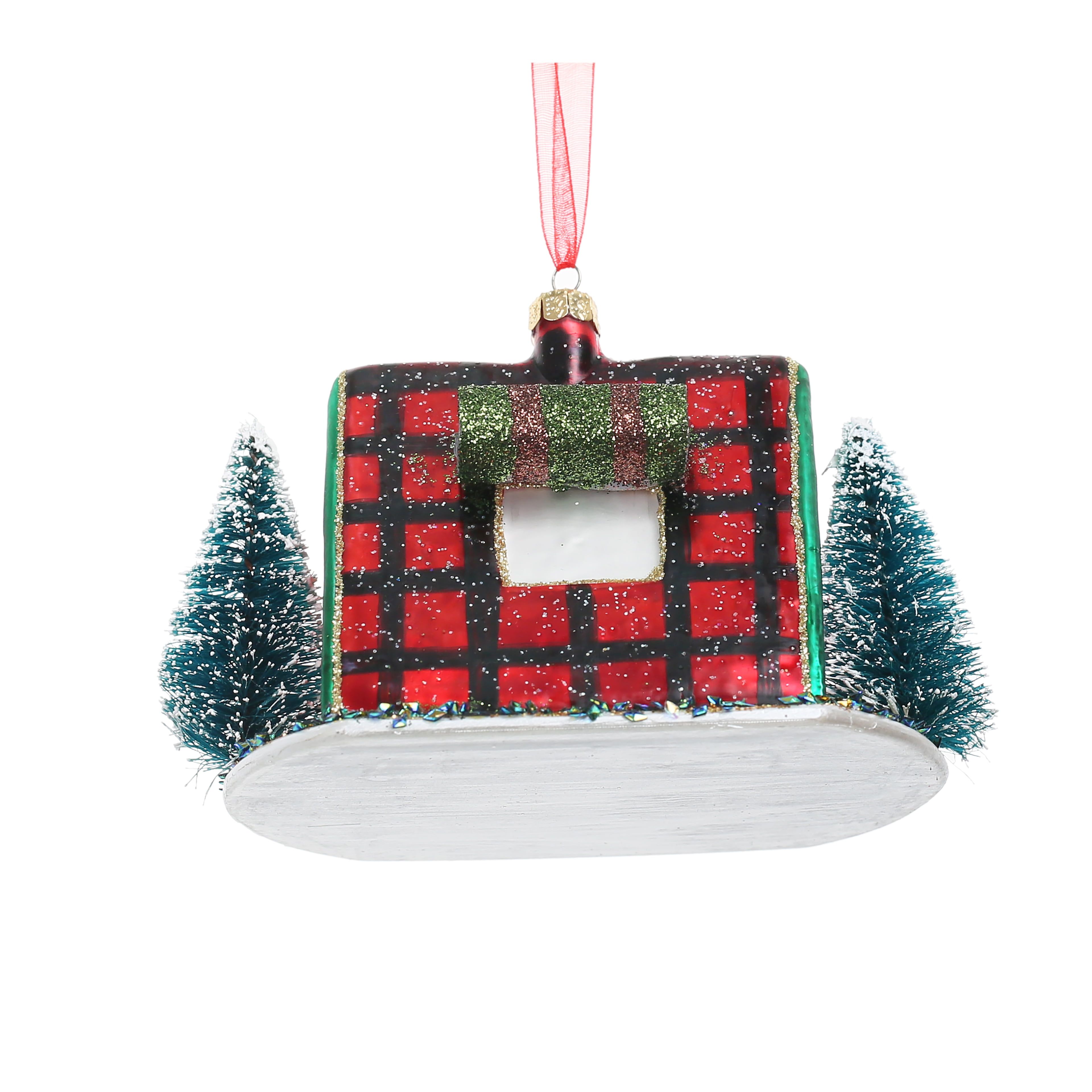 Plaid Glass Camping Tent Ornament with Trees