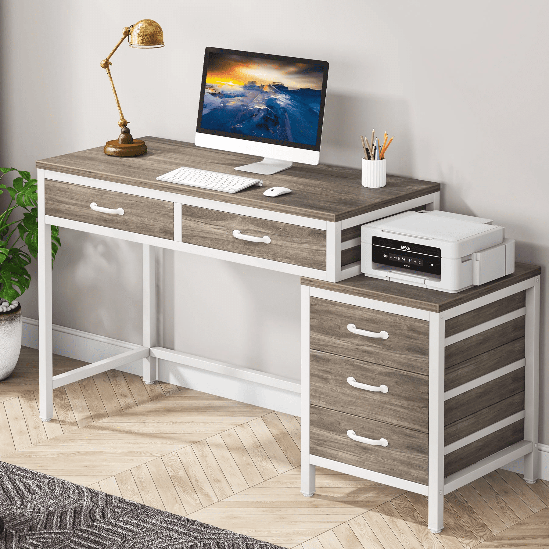 Gray and White 5-Drawer Writing Desk with Filing Cabinet