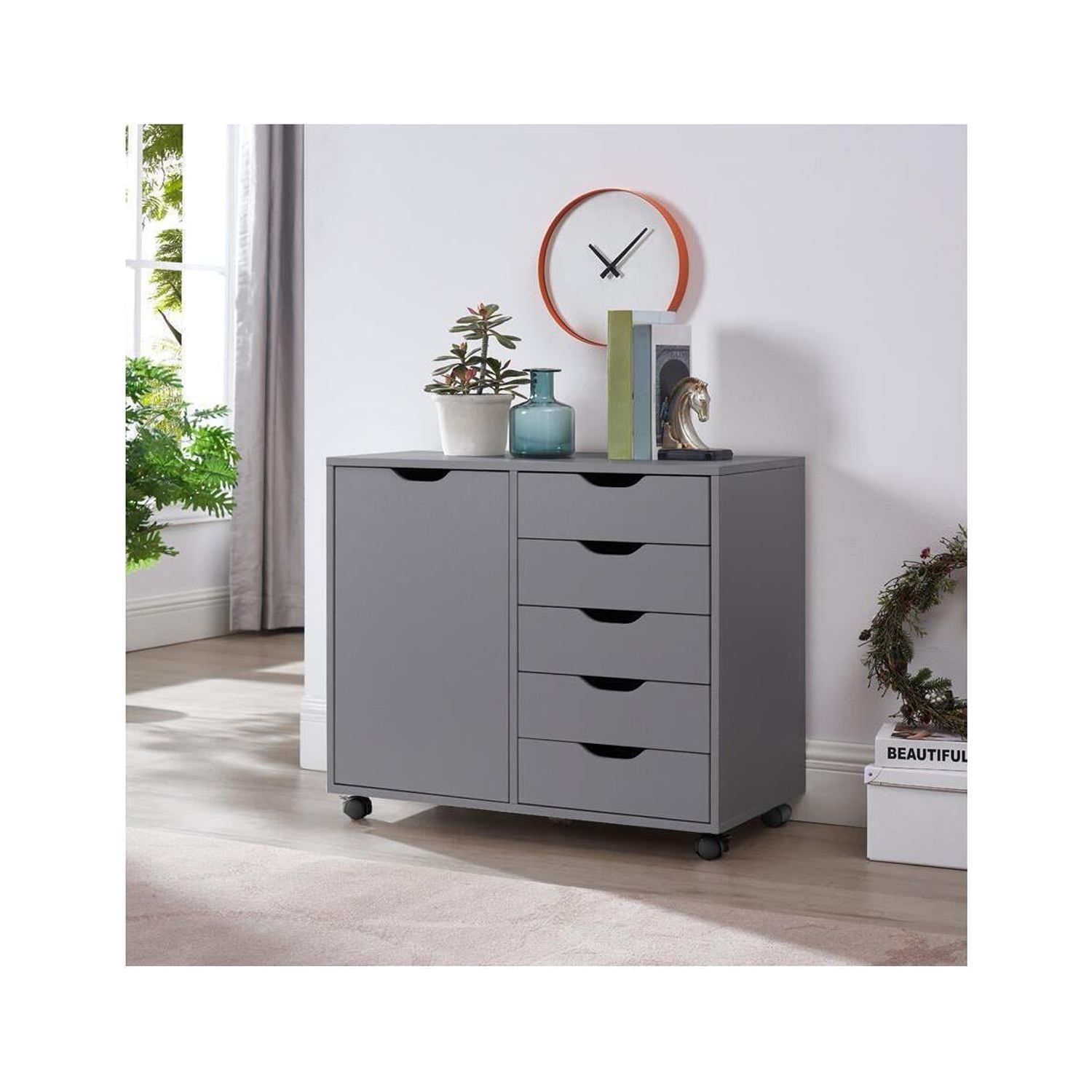 Gray 5-Drawer Office Cabinet with Casters