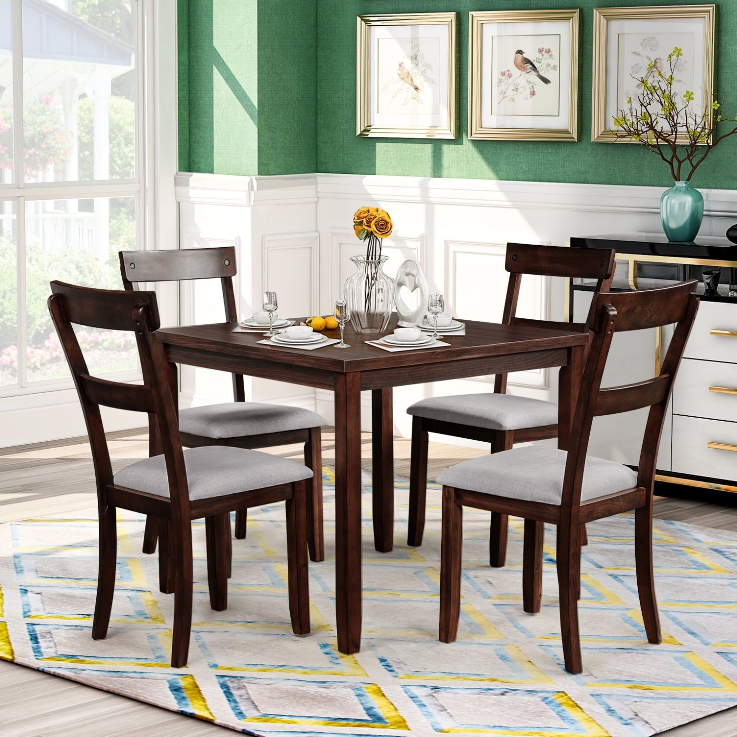 Espresso 5-Piece Industrial Wooden Dining Set with Upholstered Chairs