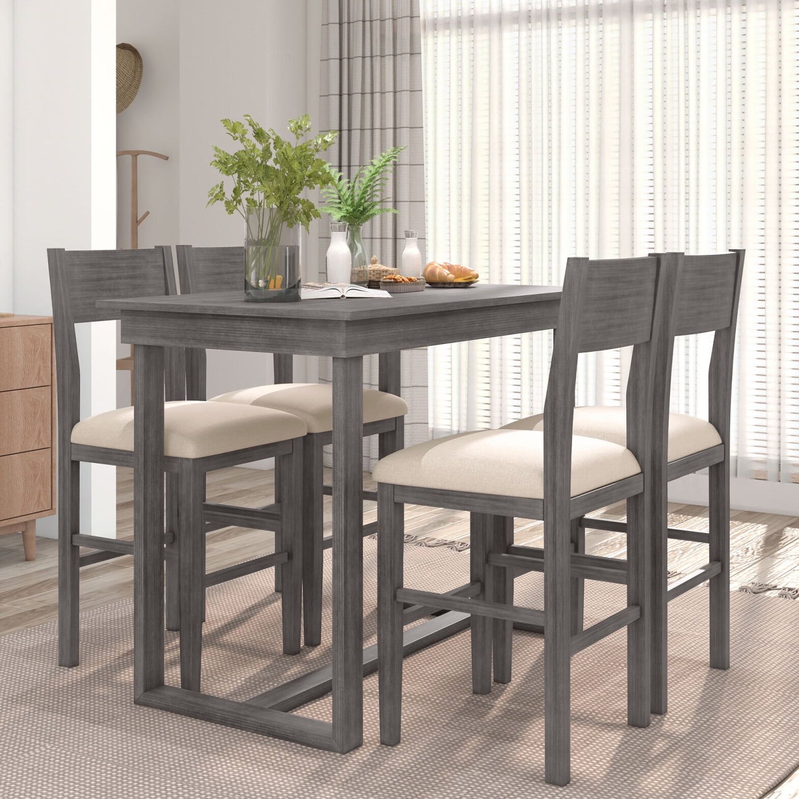 Gray Farmhouse Counter Height Dining Set with Beige Cushions