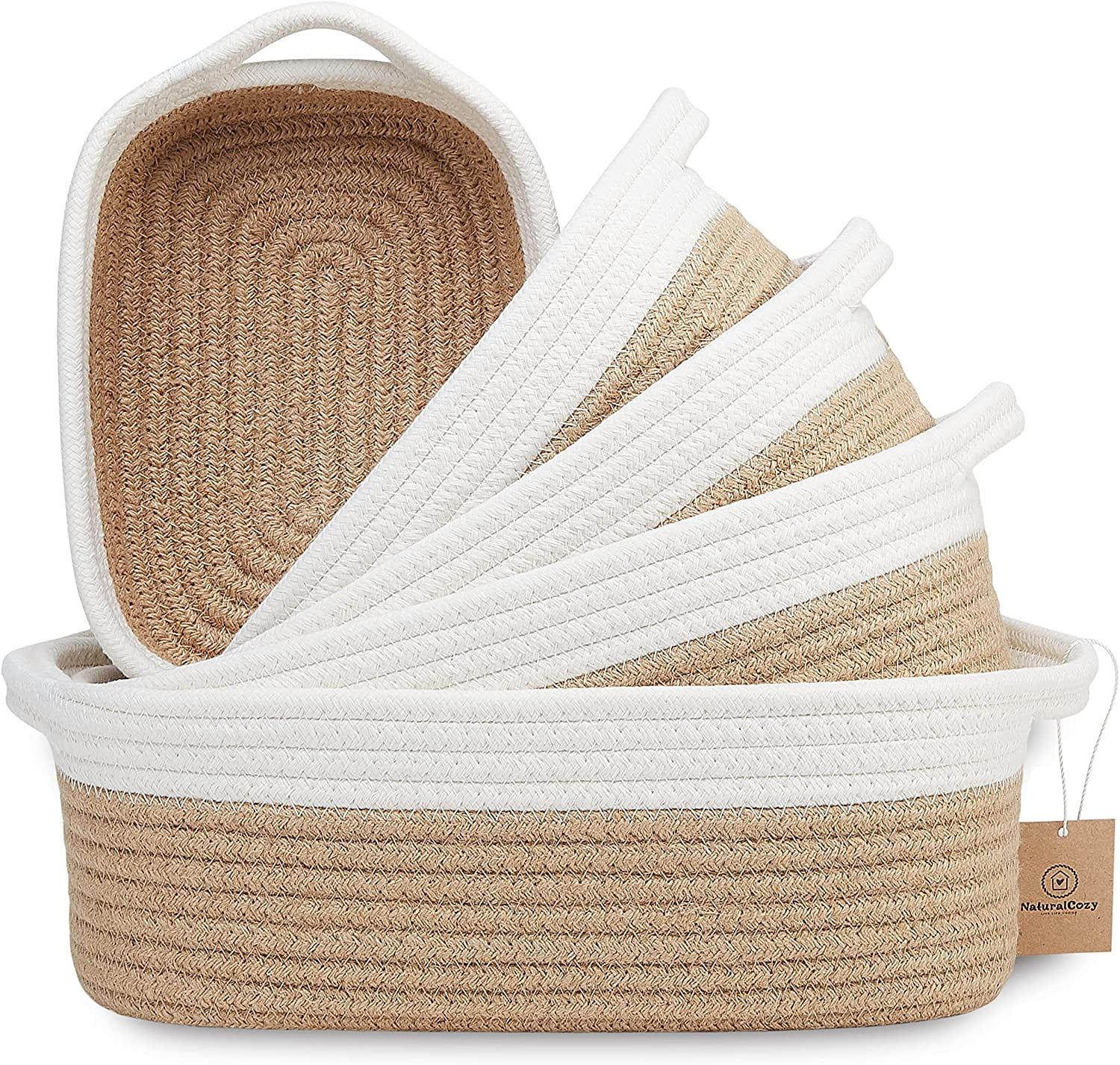 Natural Cotton Rope Rectangular Storage Basket Set with Handles, 5-Piece