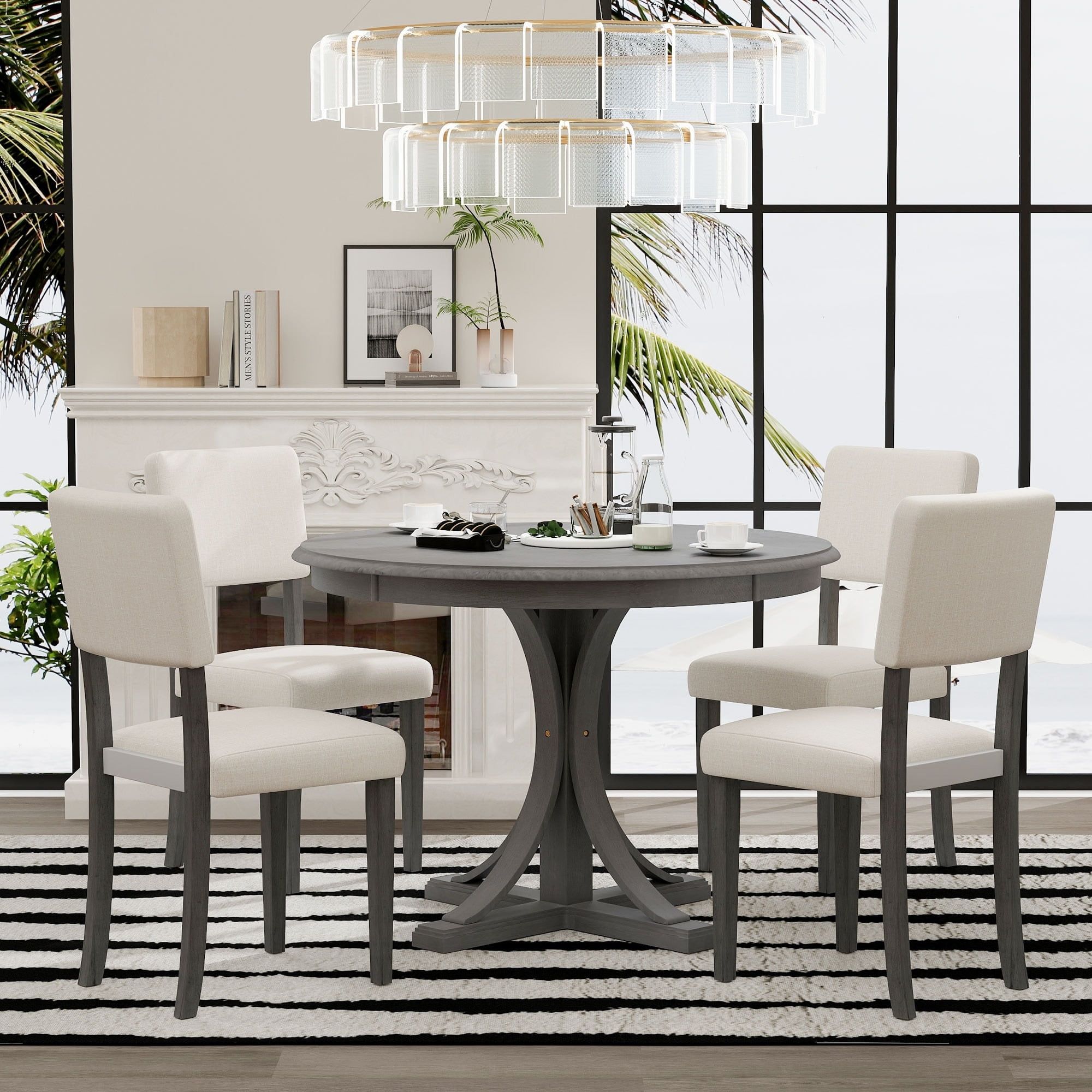 Dark Gray Round Pedestal Dining Table with Upholstered Chairs