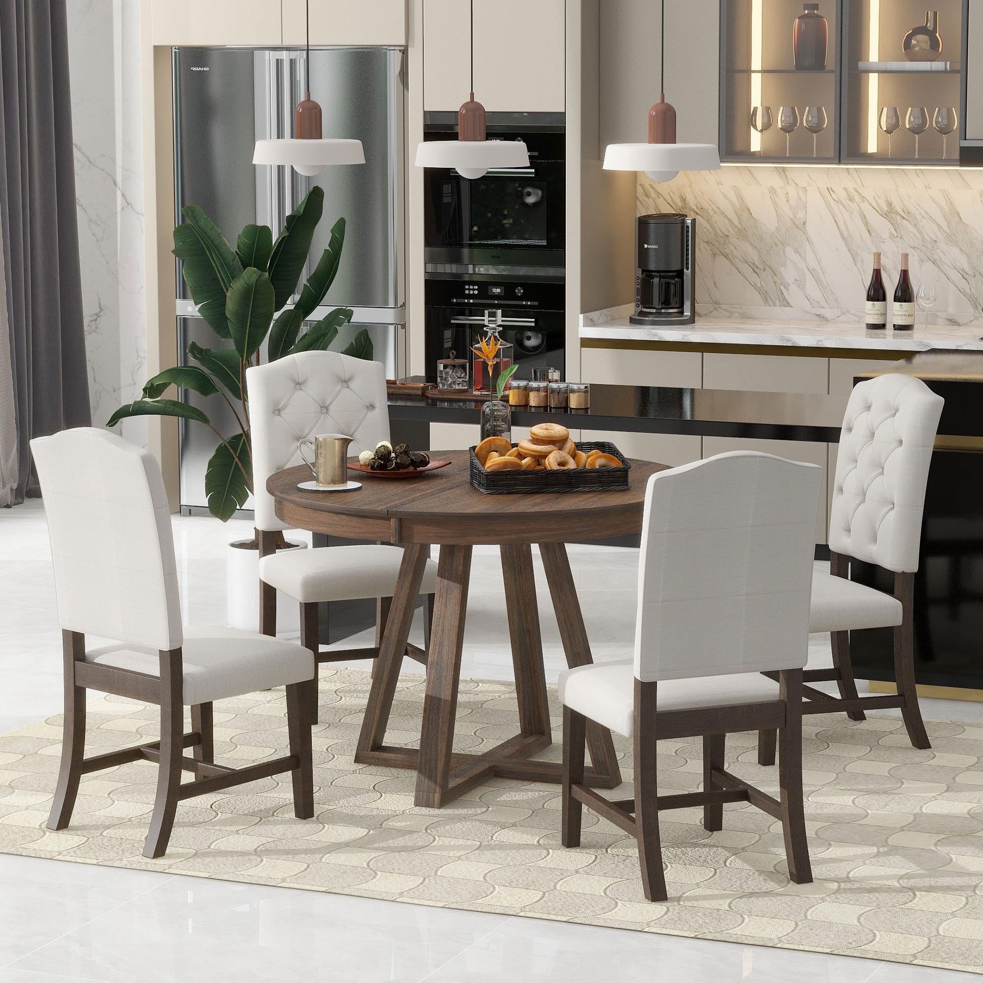 Walnut Round Extendable Dining Table Set with Beige Cushioned Chairs