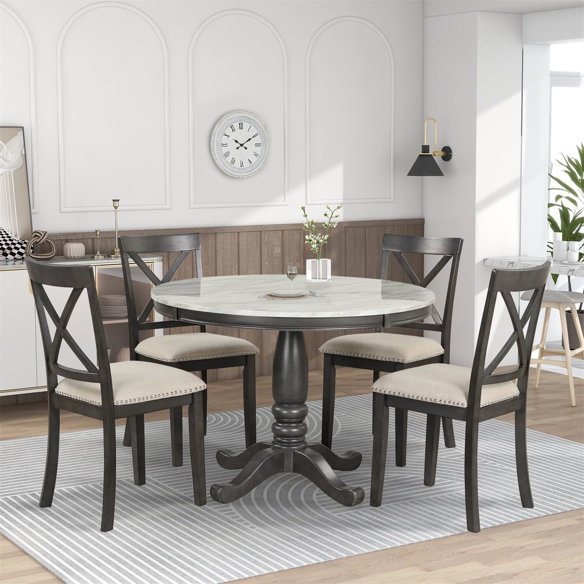 Gray Faux Marble Top Round Dining Table Set with 4 Chairs