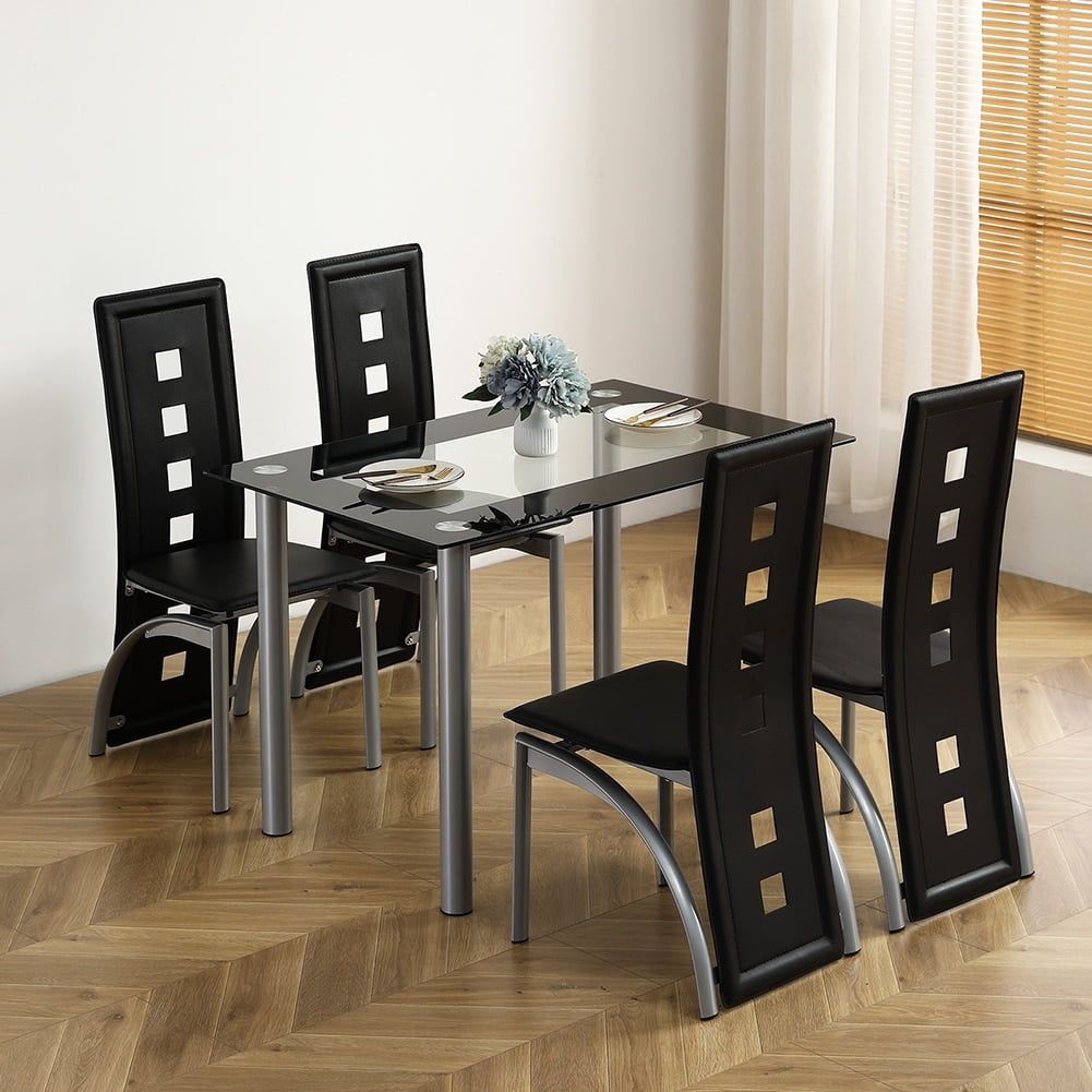 Modern Black and Silver Glass Dining Table Set with 4 Chairs