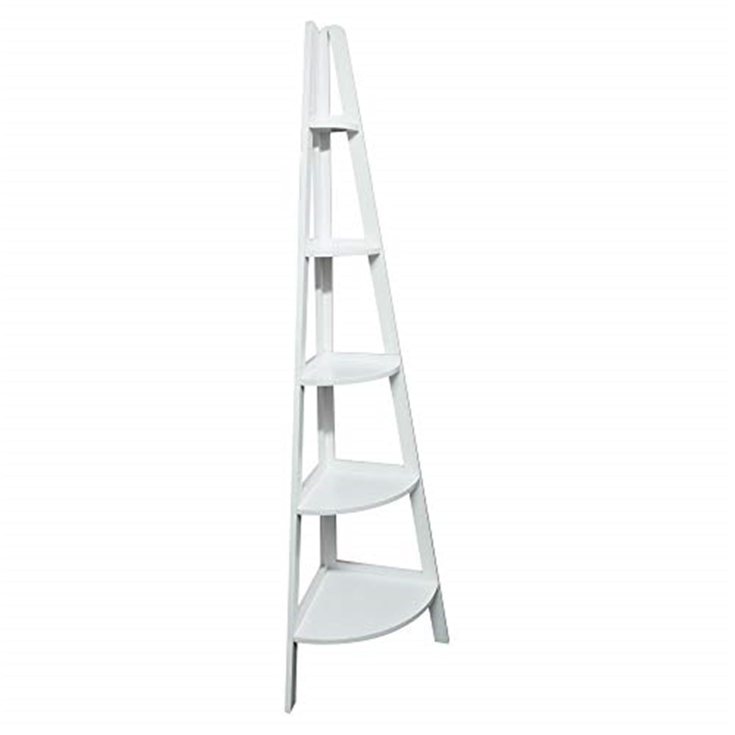 Elegant White Solid Pine 5-Shelf Corner Ladder Bookcase