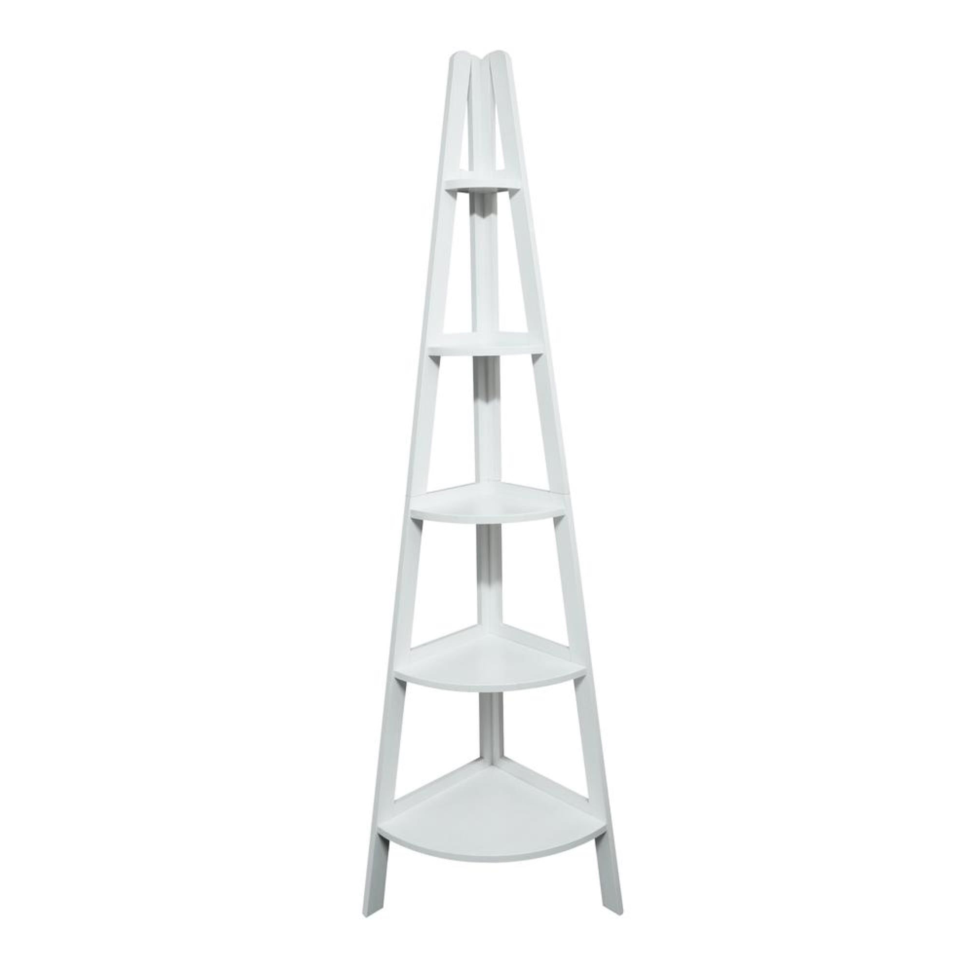 Elegant White Solid Pine 5-Shelf Corner Ladder Bookcase