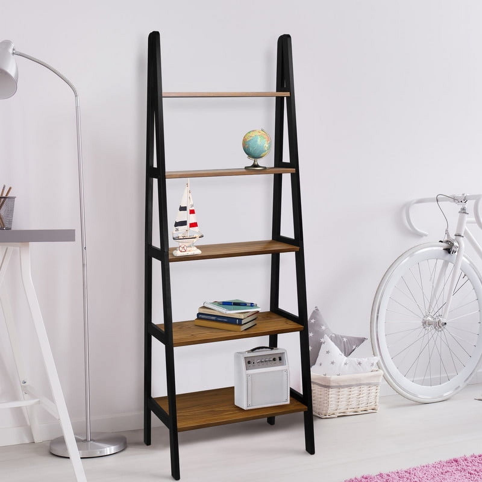 72" Rustic Brown and Black Solid Wood 5-Shelf Ladder Bookcase