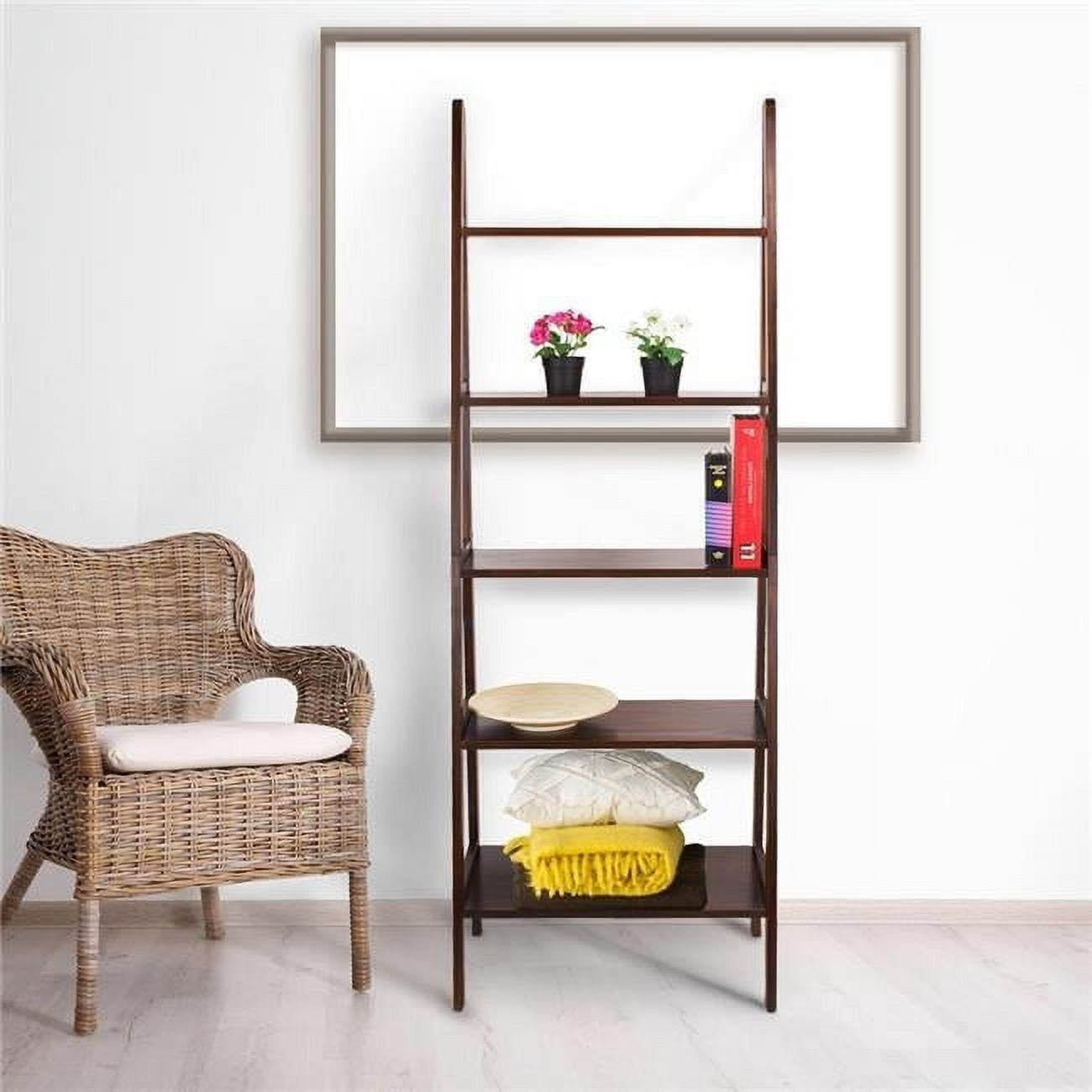 Warm Brown Wooden 5-Shelf Ladder Bookcase