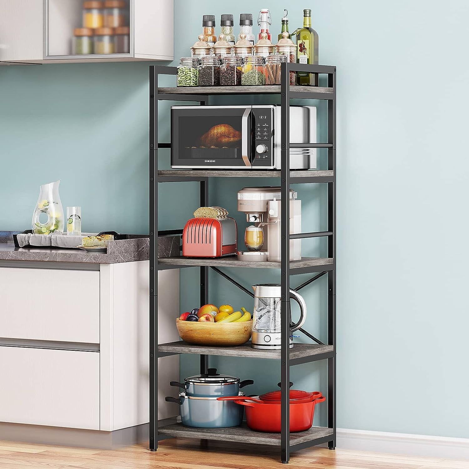 Gray 5-Tier Adjustable Industrial Baker's Rack with Storage