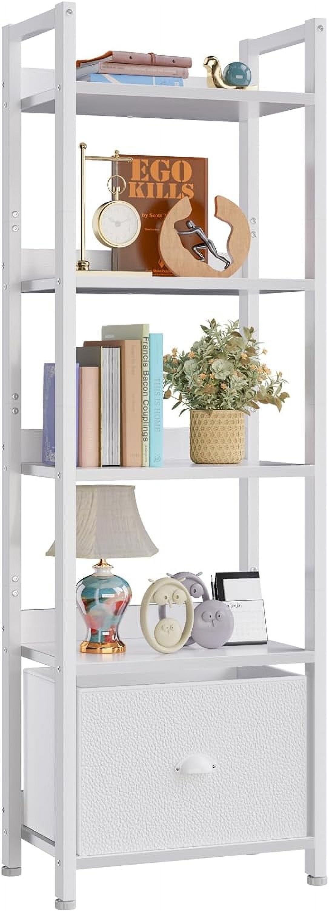 White Adjustable 5-Tier Wood and Metal Bookshelf with Drawer