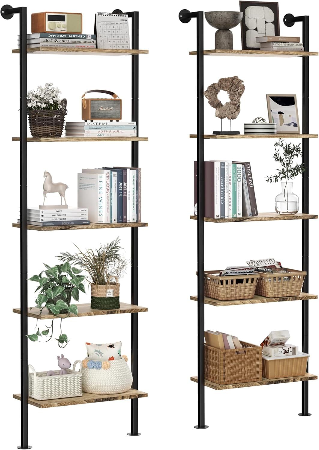 5-Tier Black and Brown Metal and Wood Ladder Bookcase Set